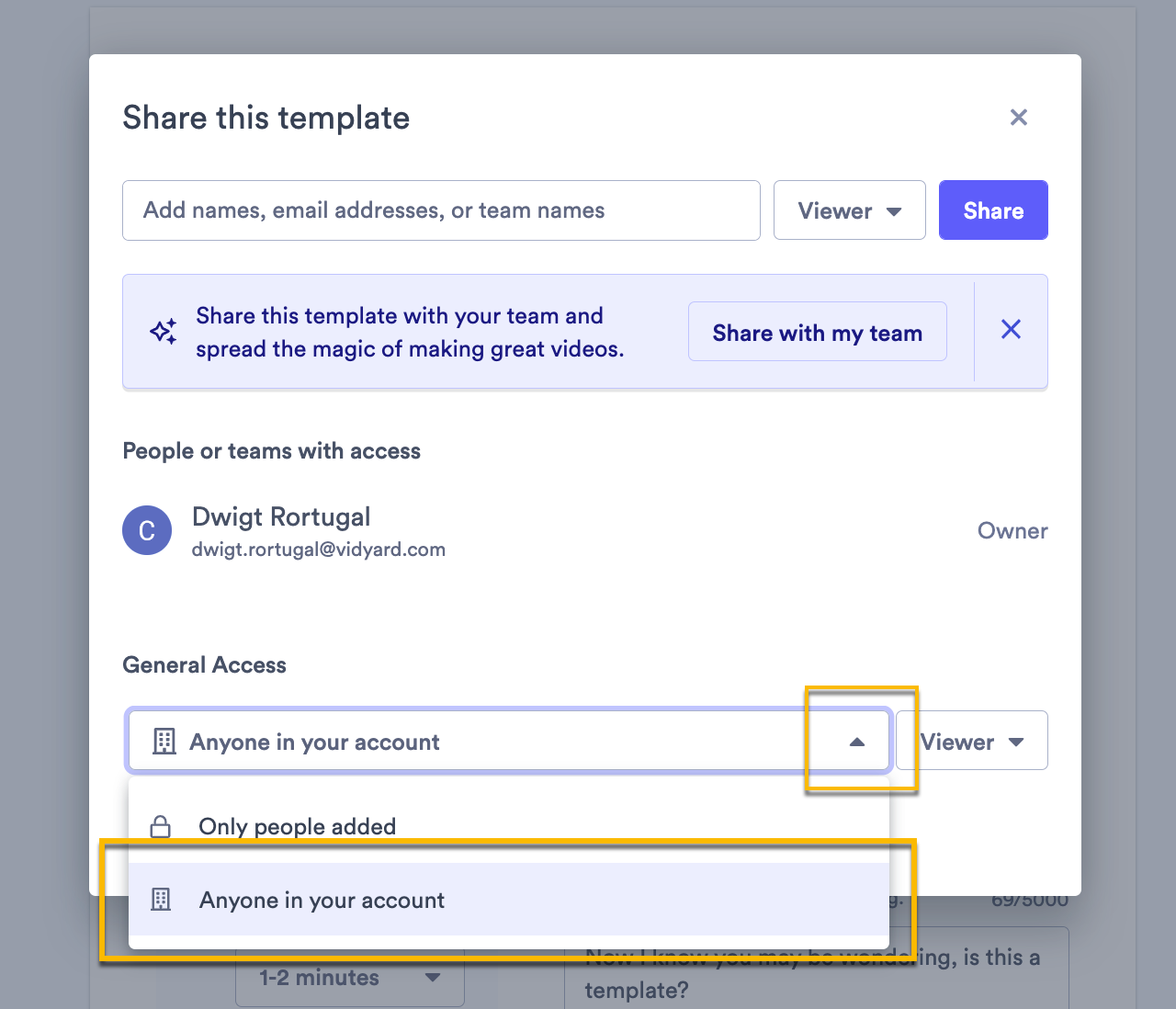 Share modal's general access settings open with anyone in account selected