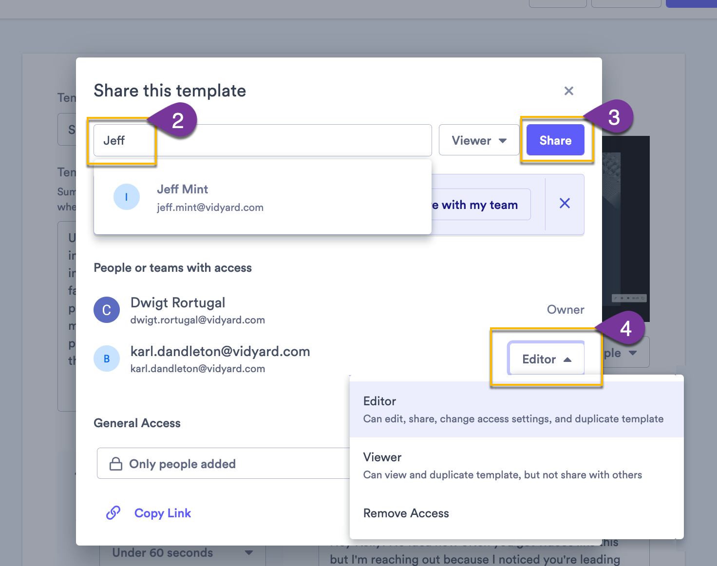 Share modal showing how to add new users and change their roles
