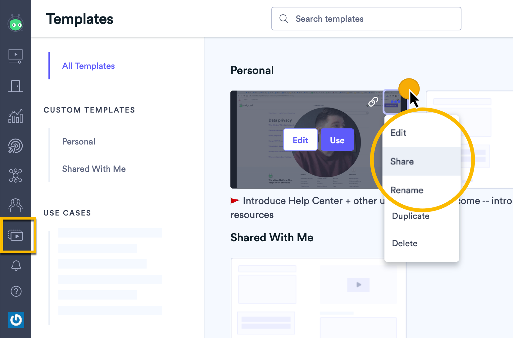 Opening the options menu next to a template, then selecting Share