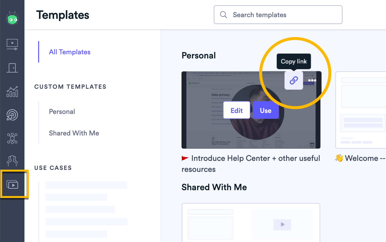 Hovering over a template in your library, then selecting the Copy Link icon