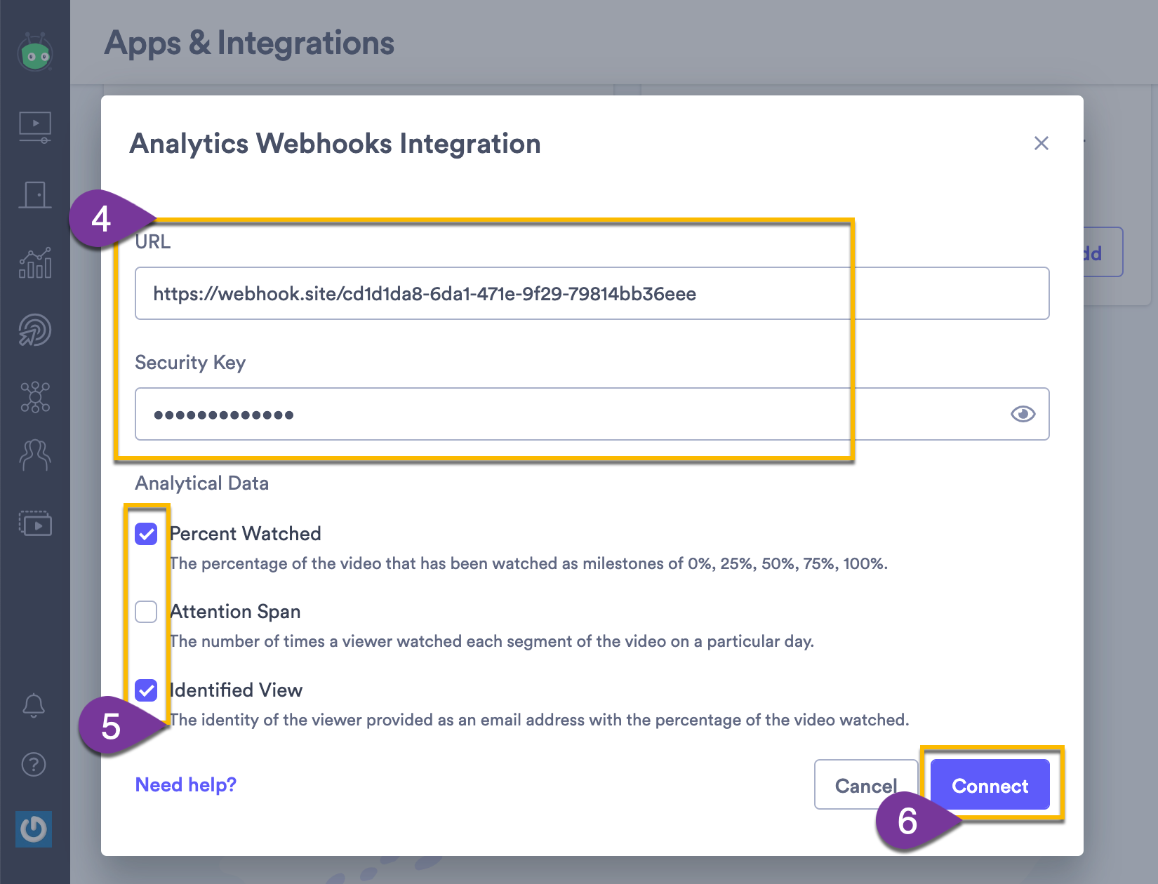 Entering your endpoint URL, security key, and selecting the data you want the webhook to subscribe to