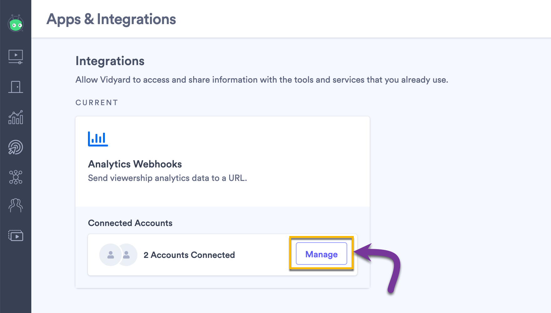 Selecting the Manage button next to an existing webhook to update, delete or add further endpoints