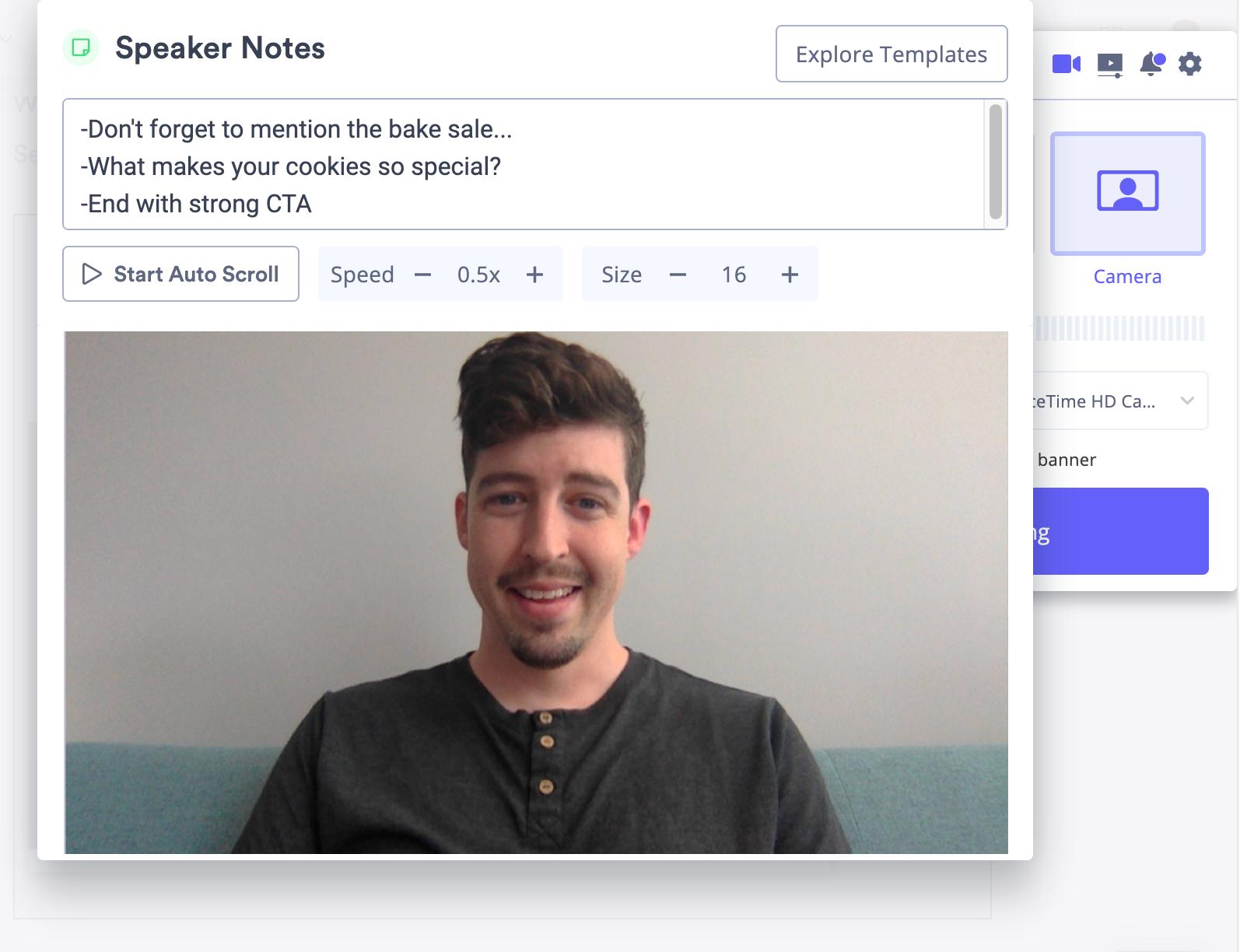 Camera recording mode with speaker notes filled out