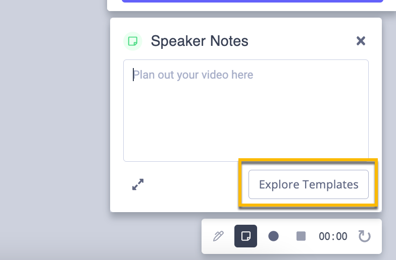 Screen recording speaker notes with option to explore templates highlighted