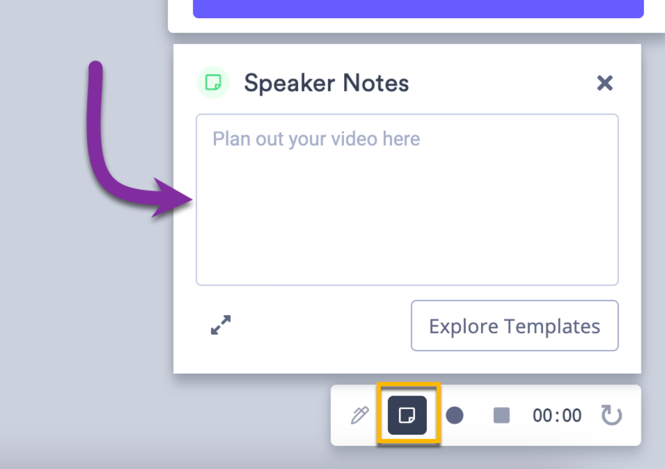 Screen recording speaker notes open with recording controls highlighted