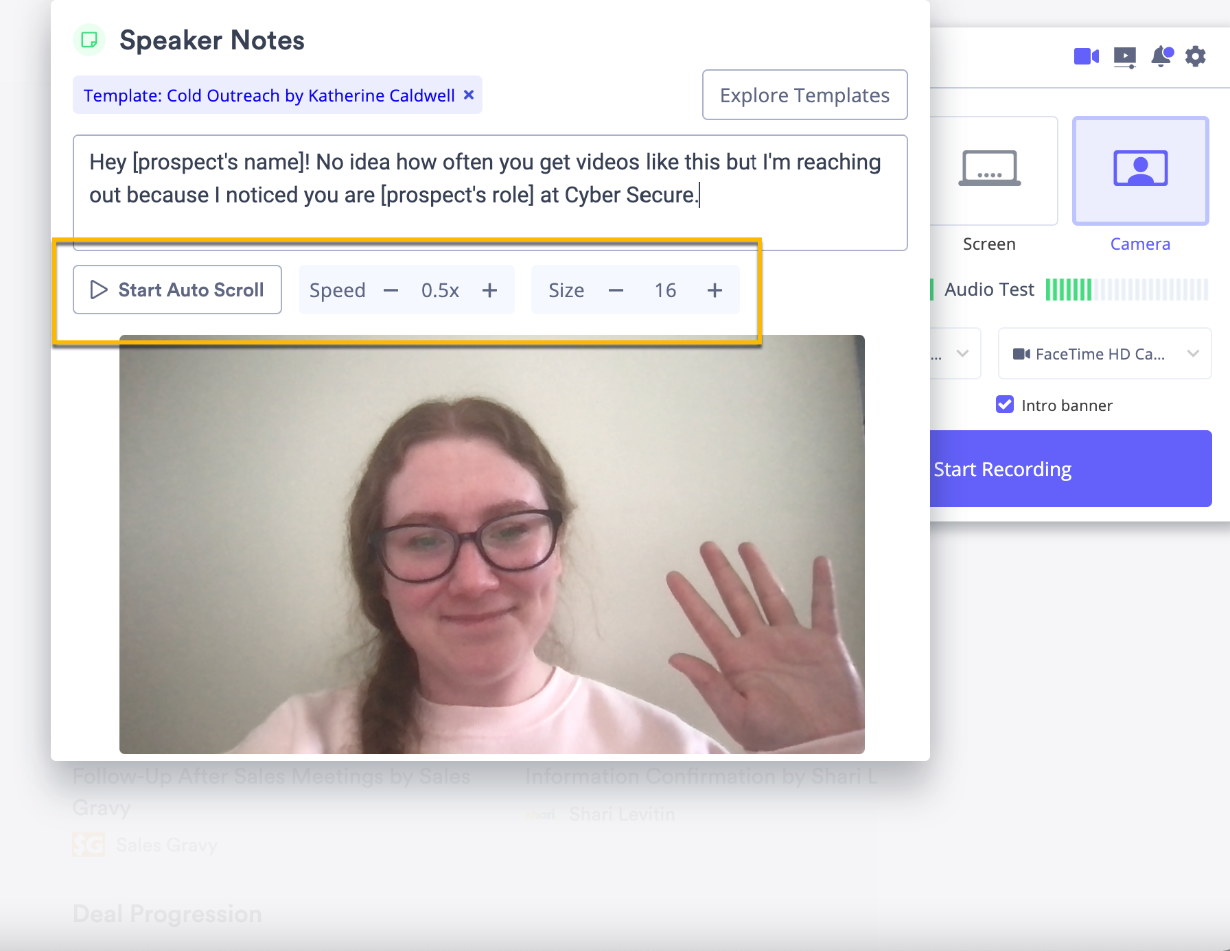 Camera speaker notes open with auto scroll controls above camera preview