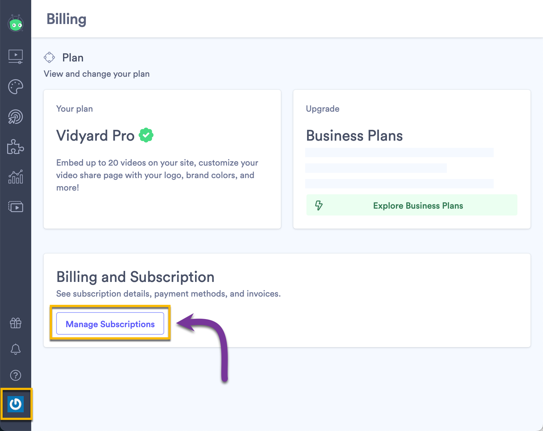 Selecting the Manage Subscription button on the billing page in your Vidyard account