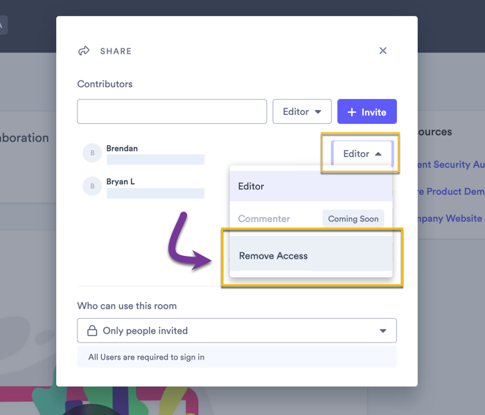 Remove a contributor's access to your Room from the sharing dropdown menu