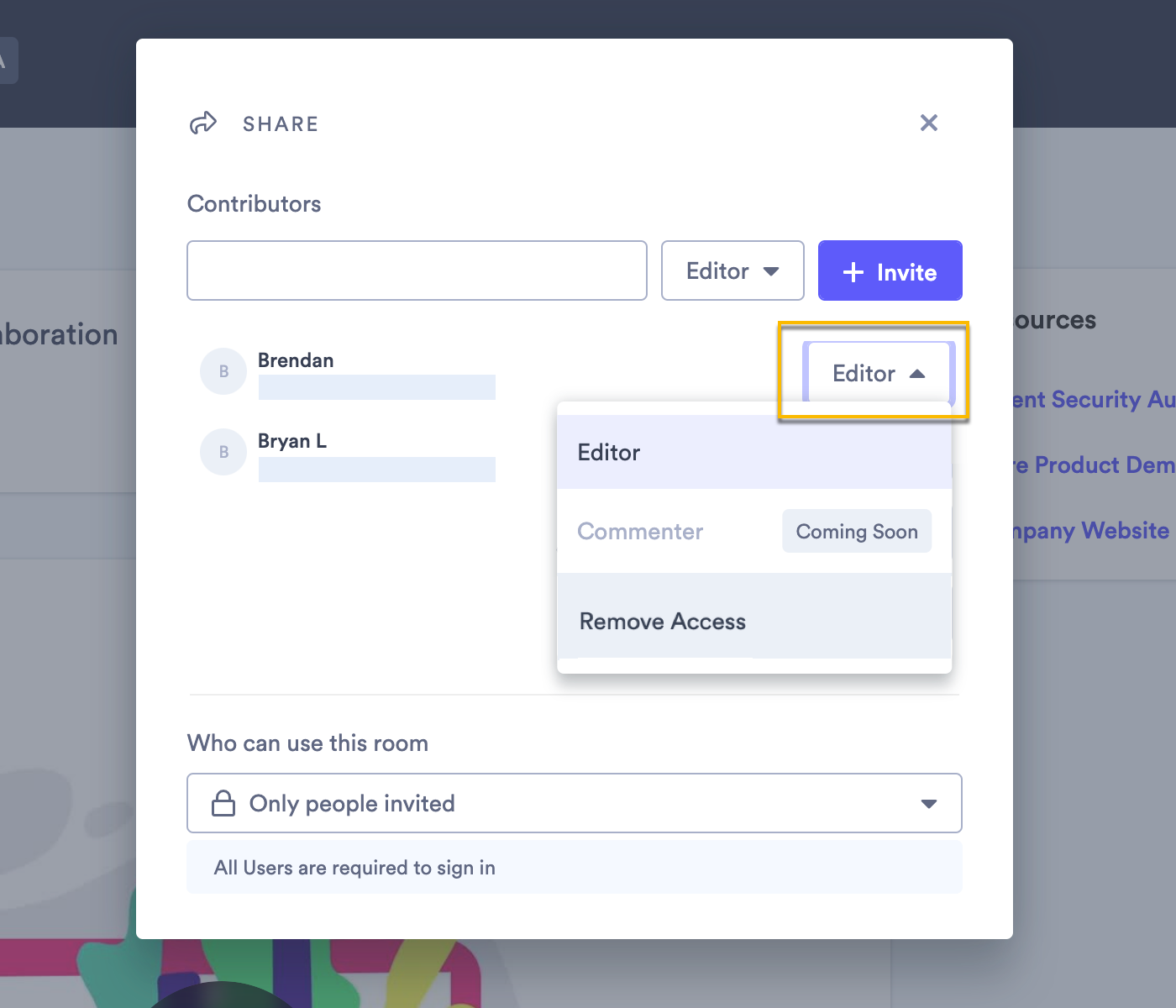 Using the dropdown menu to change the Role of a contributor in the Room