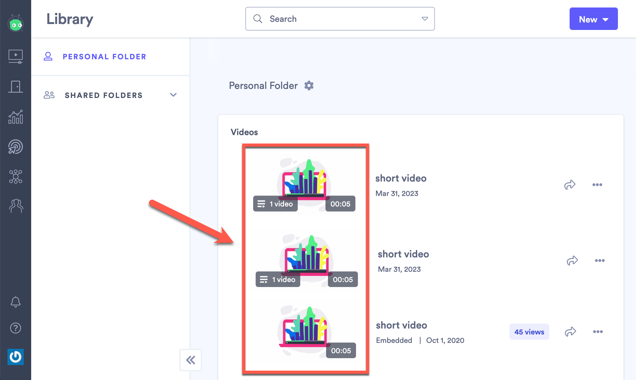 Your video library in Vidyard, identifying what looks like multiple copies of 'duplicates' of the same video