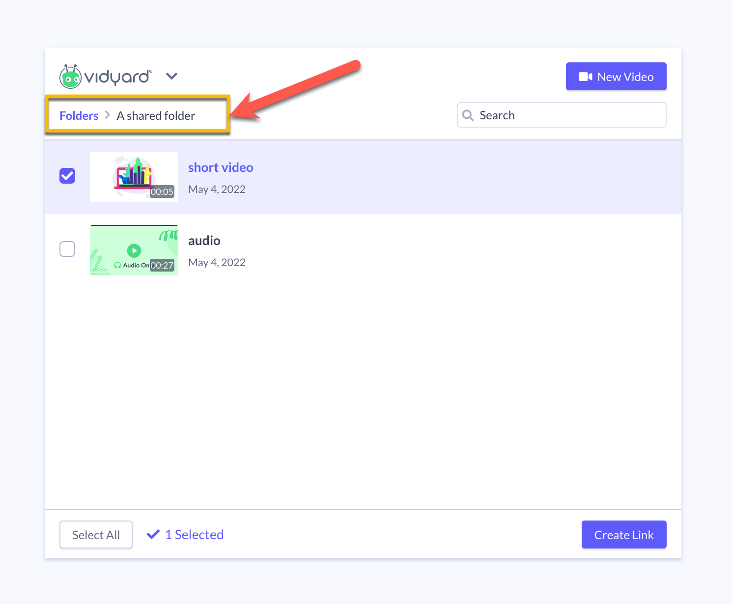 The Vidyard app in Gmail, Outlook or other third-party tools, where you are selecting a video to share from a shared folder