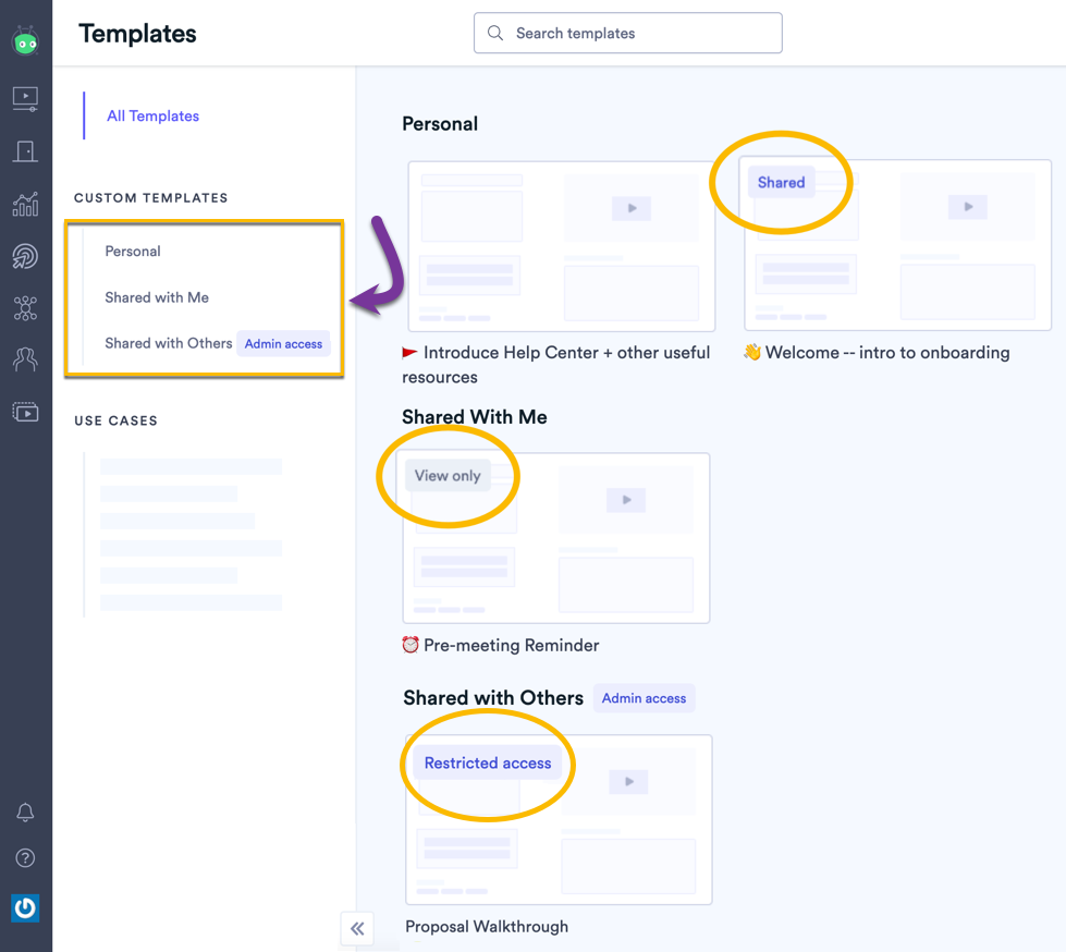 List of template types with different badges based on access level