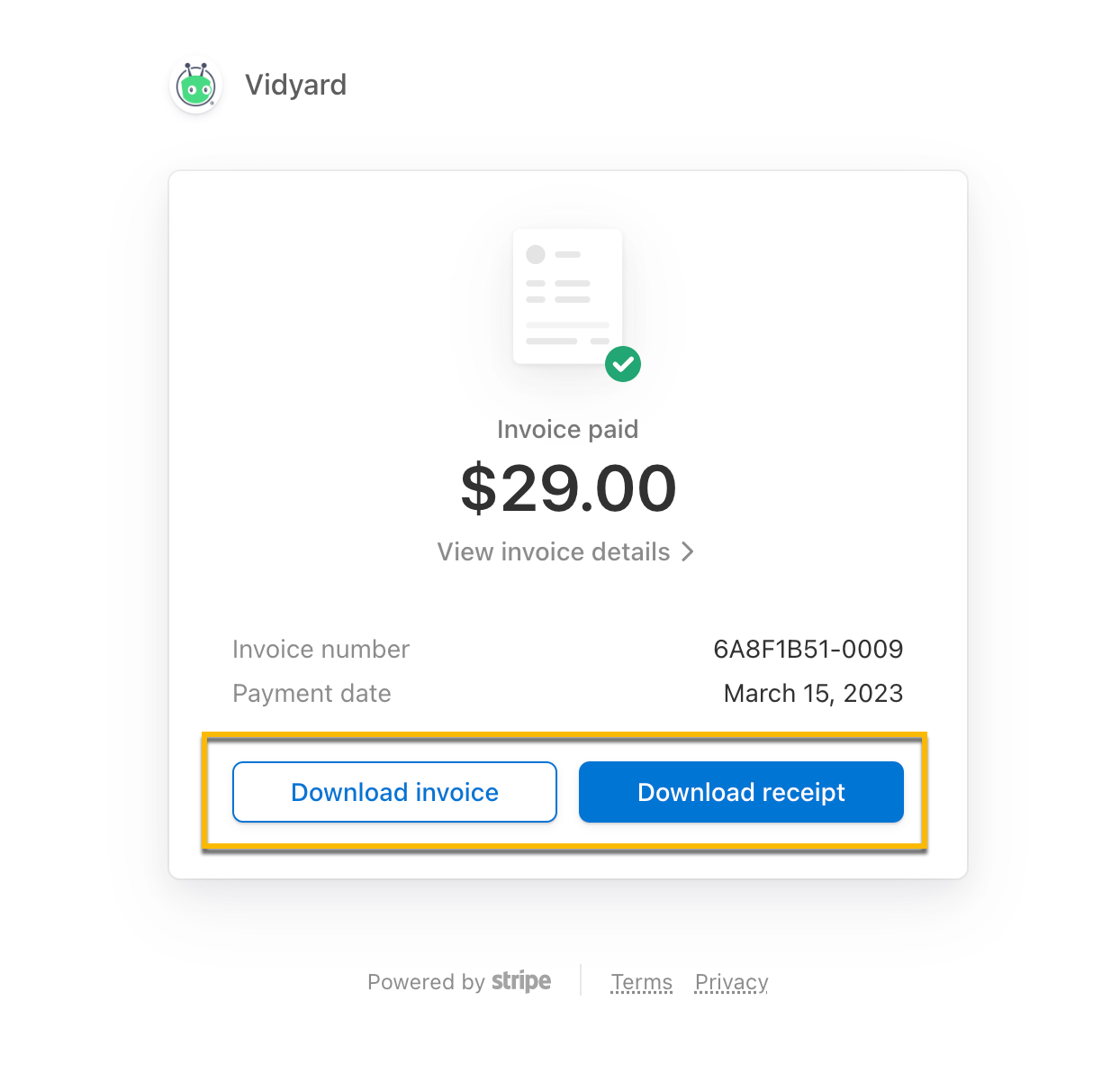 Invoice with option to download invoice or receipt of payment