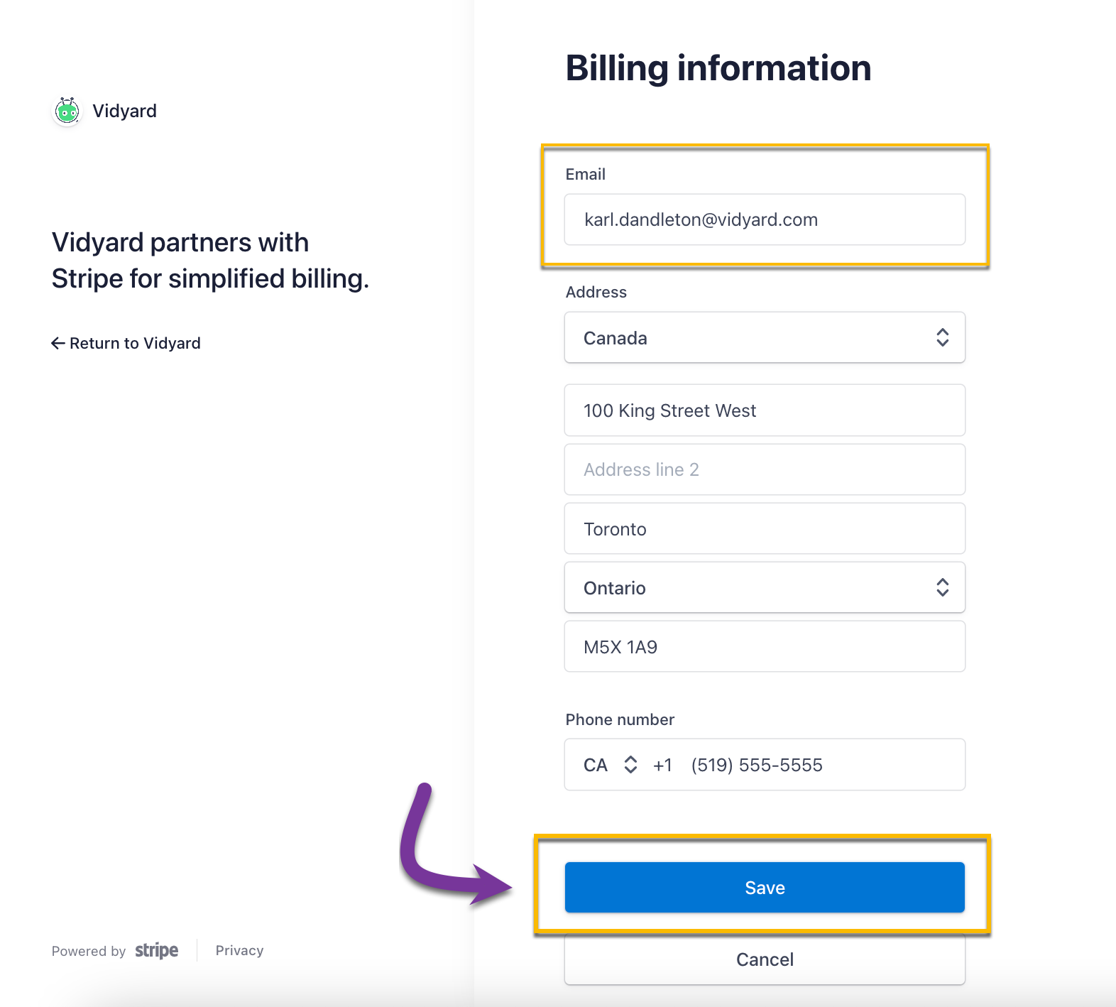 Entering new payment information and saving the changes