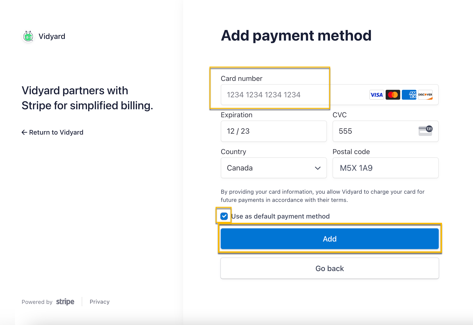 Entering your credit card information to add new payment method