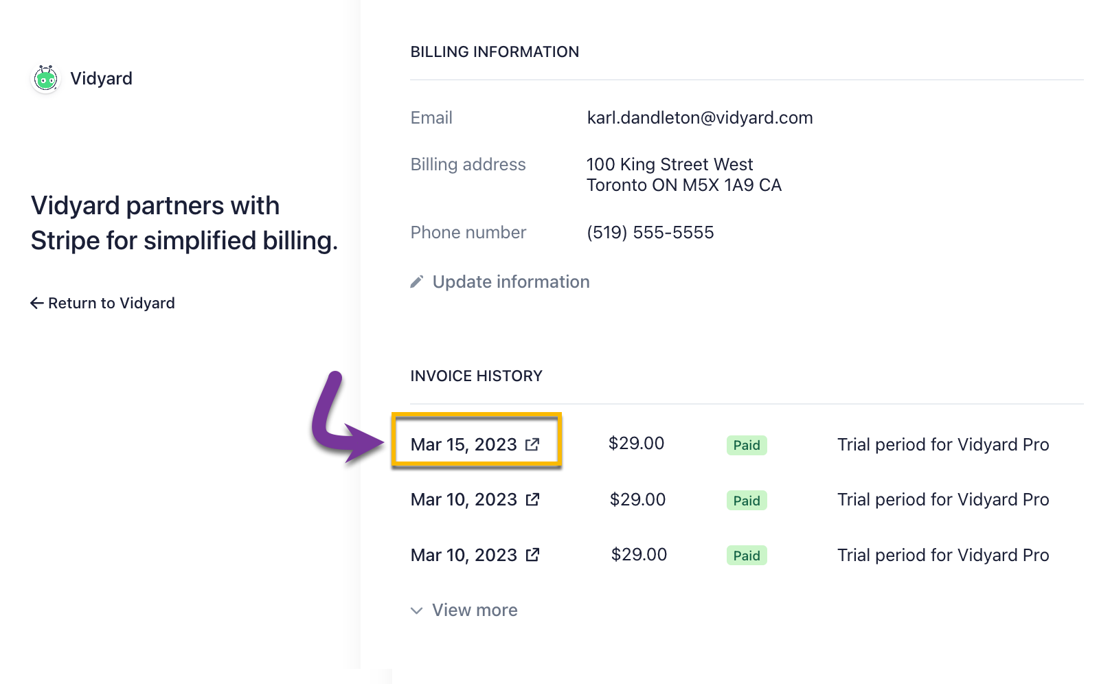Invoice list with one invoice's date selected