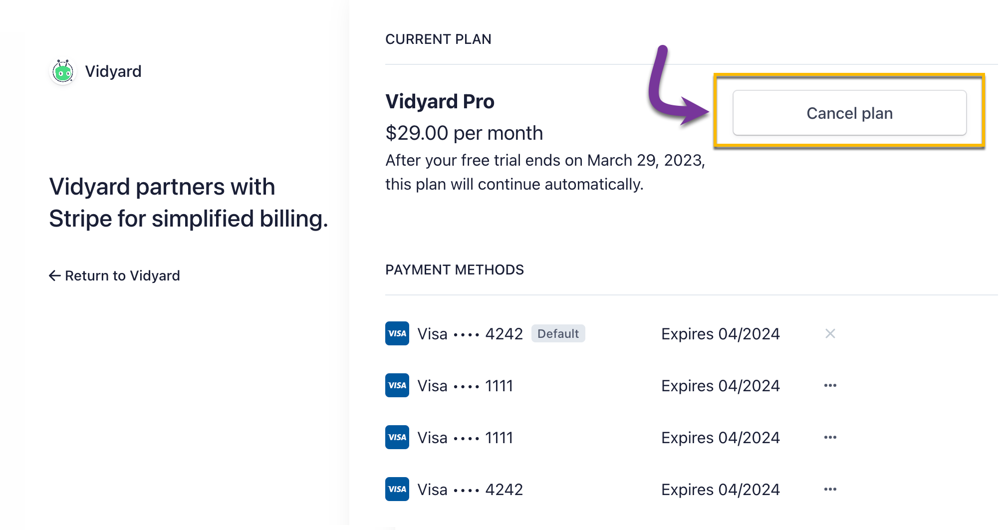 Choosing cancel button to cancel your Vidyard Pro plan