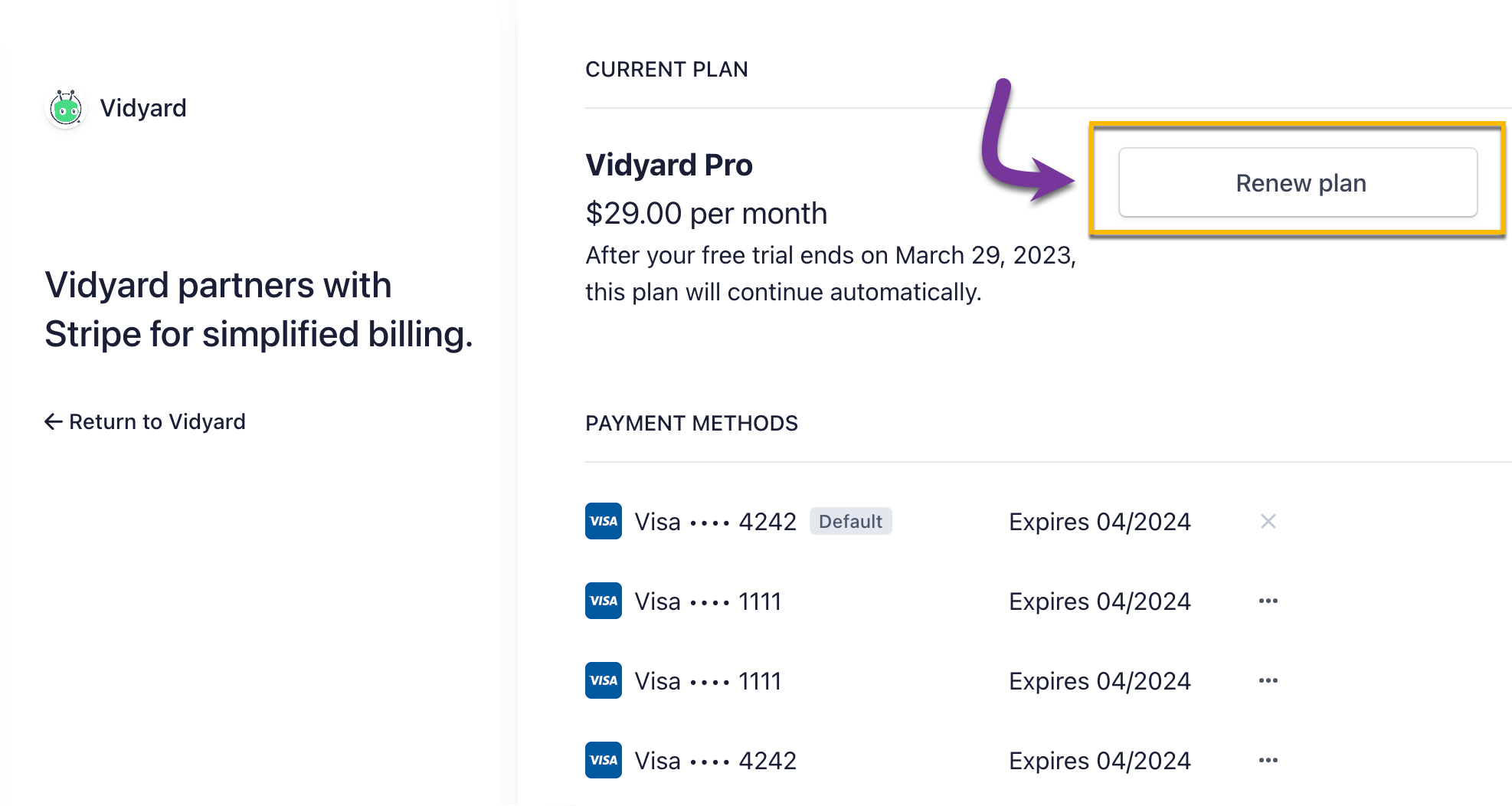 Billing Portal with button to renew account back to previous Pro plan