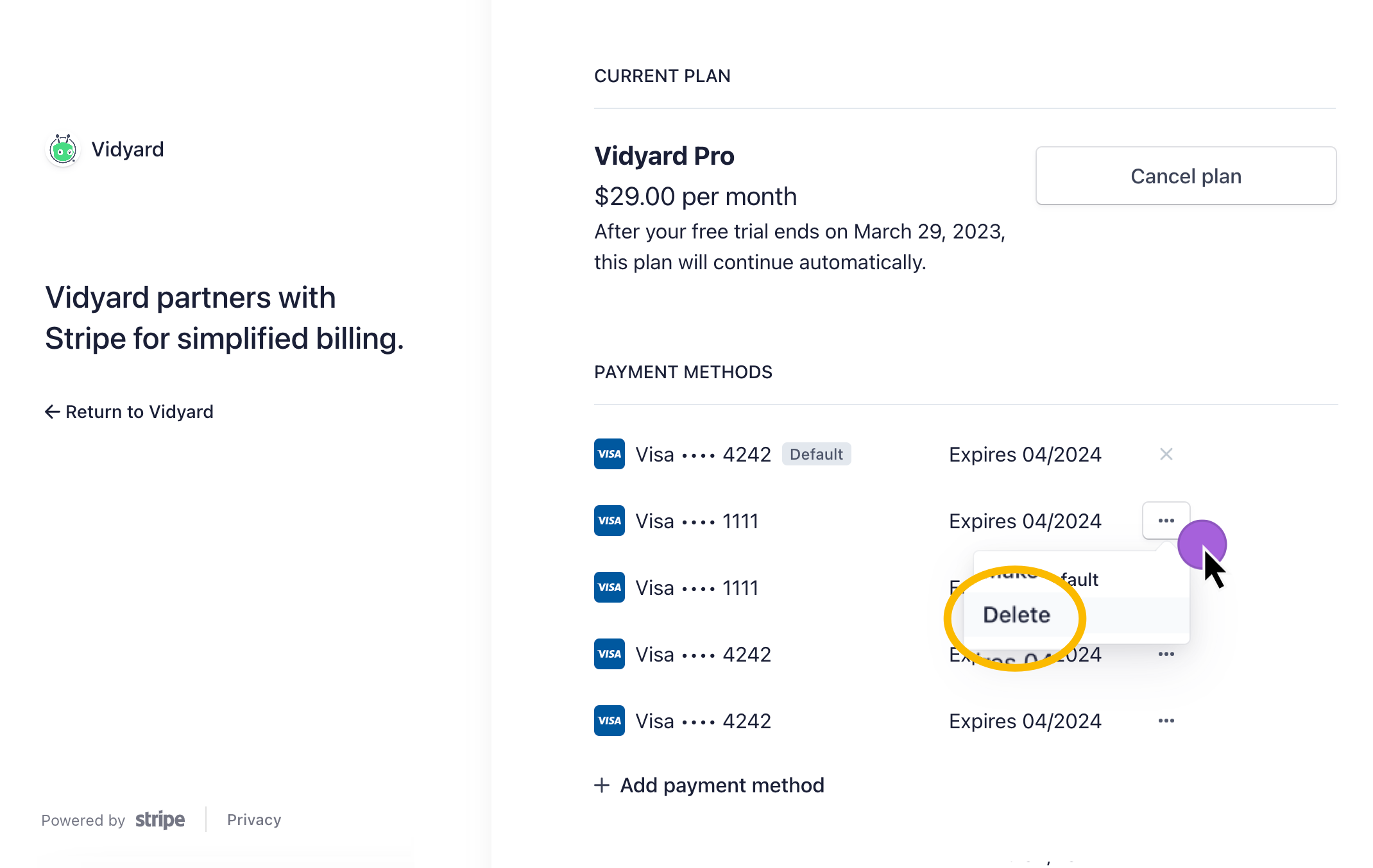 Opening the menu next to a credit card to delete it from your Billing Portal's list