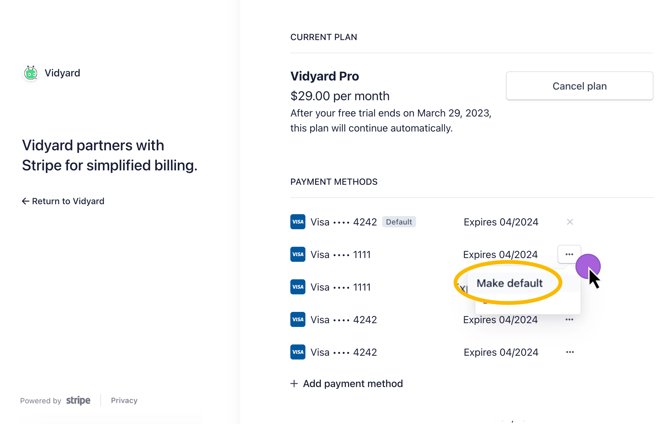 Opening the menu next to a credit card to make it the new default payment method