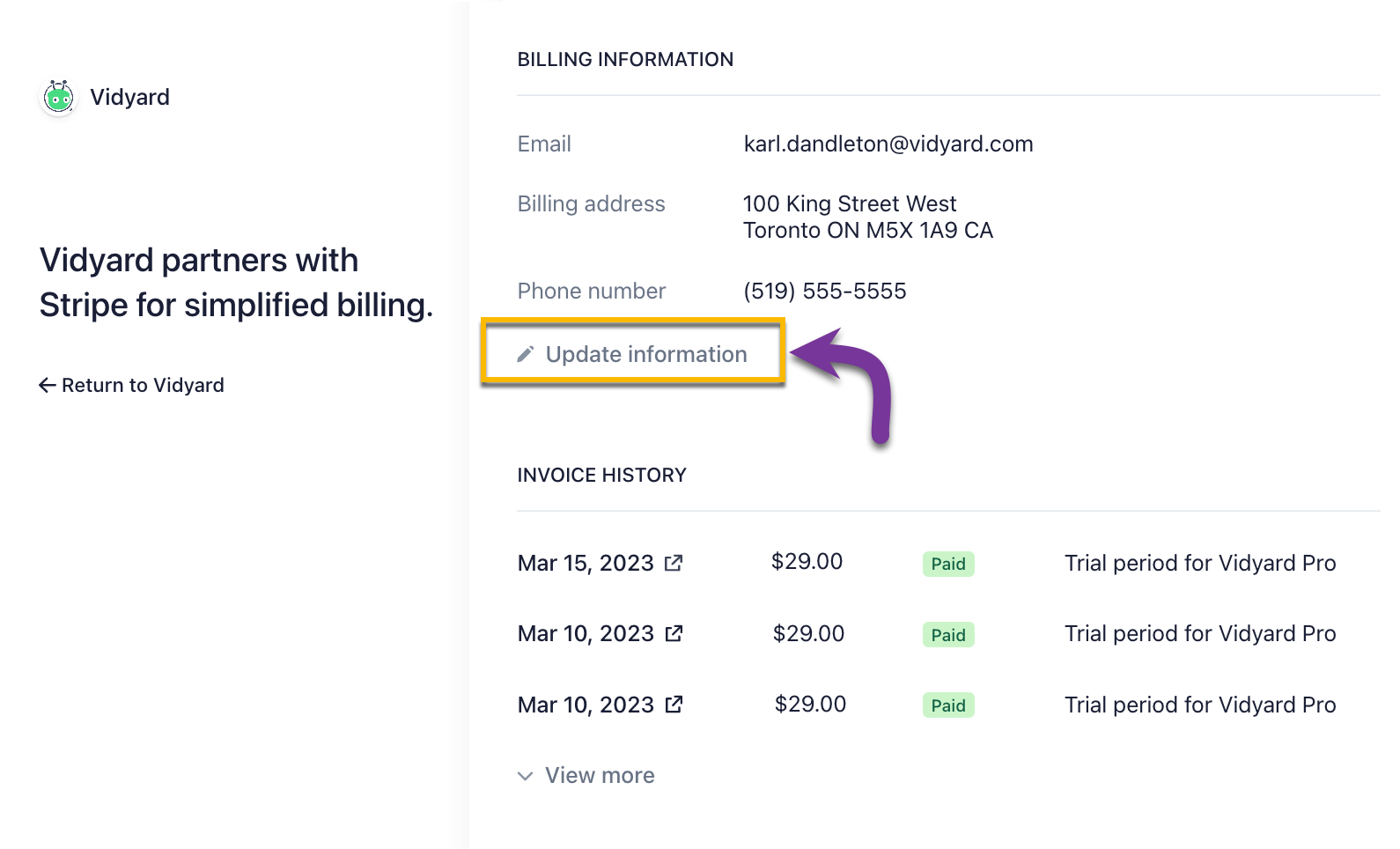 Selecting the button to update your payment information