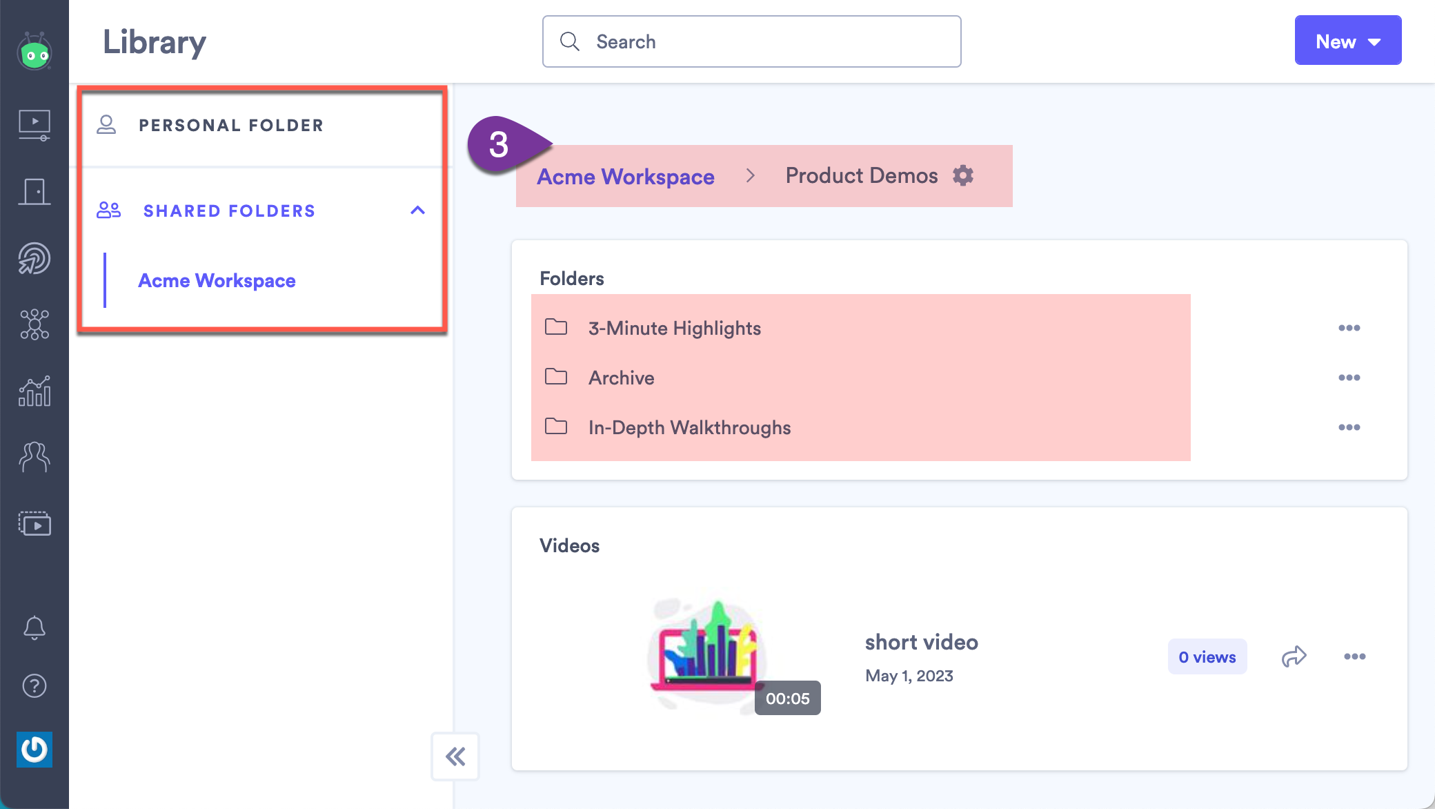 Vidyard library with the folder menu and folder breadcrumbs highlighted