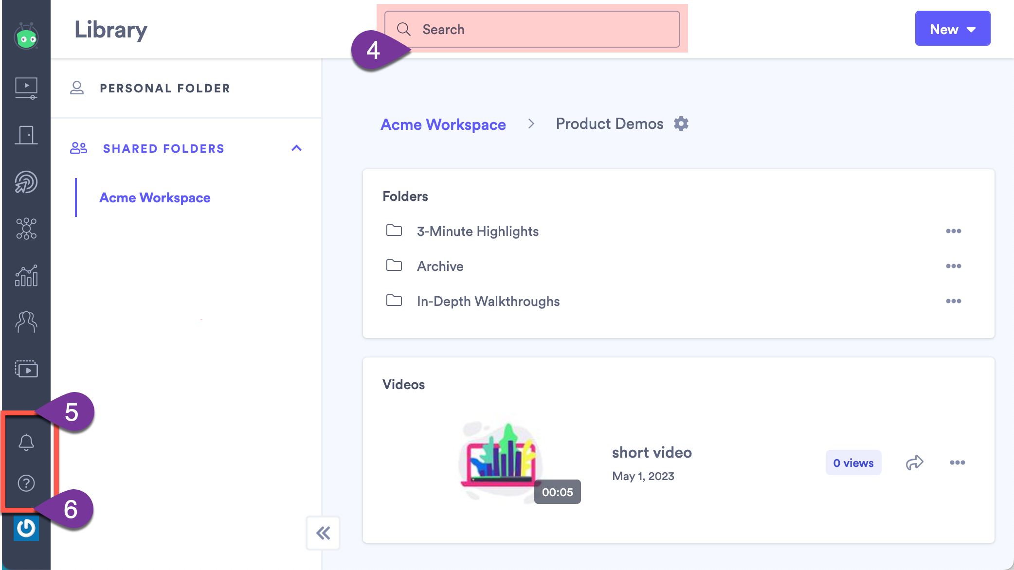 Vidyard library displaying search bar, notifications menu, and Get Help options
