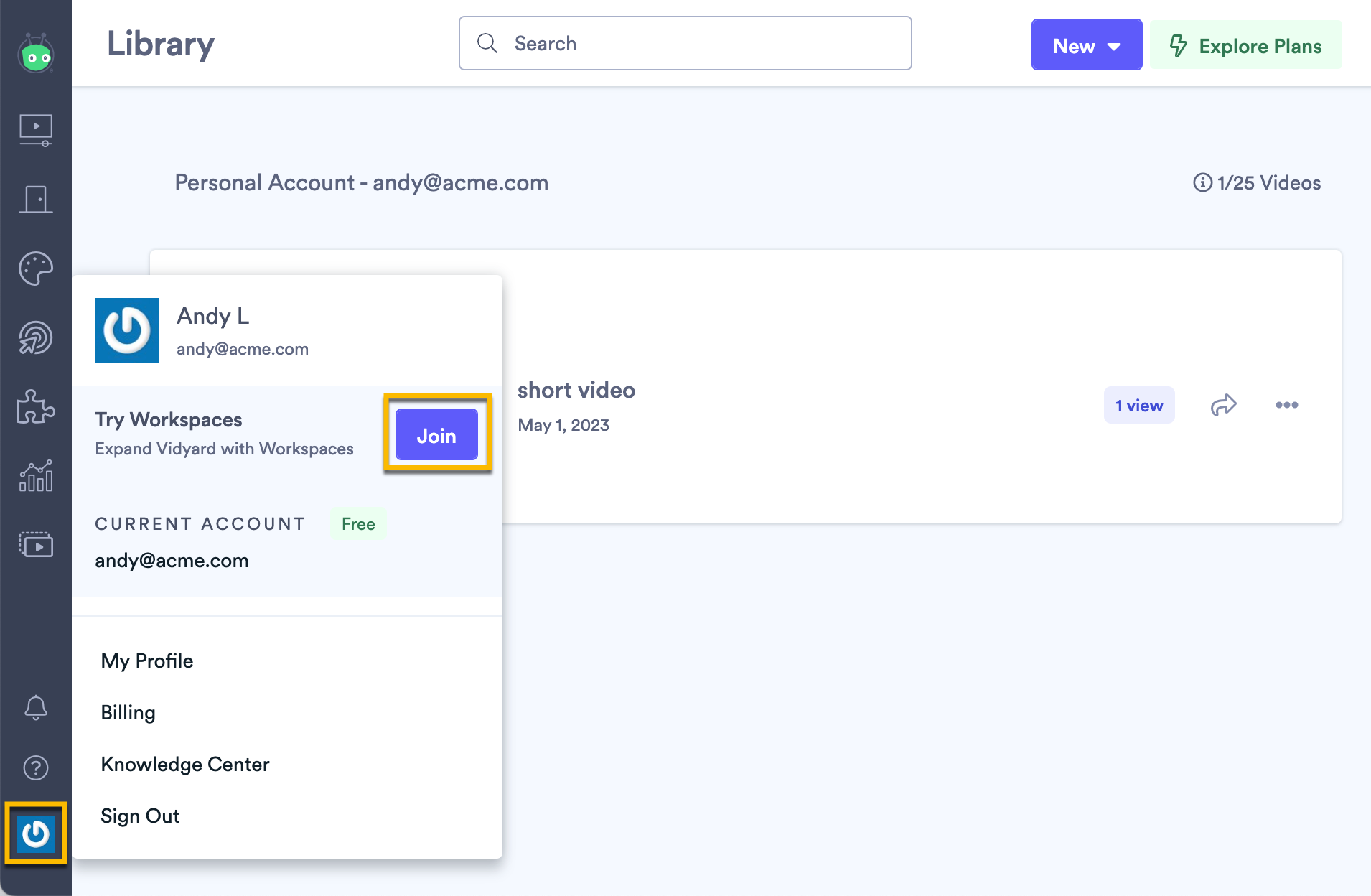 In your Vidyard account, opening the My Profile menu, then selecting the Join button to become apart of an existing workspace