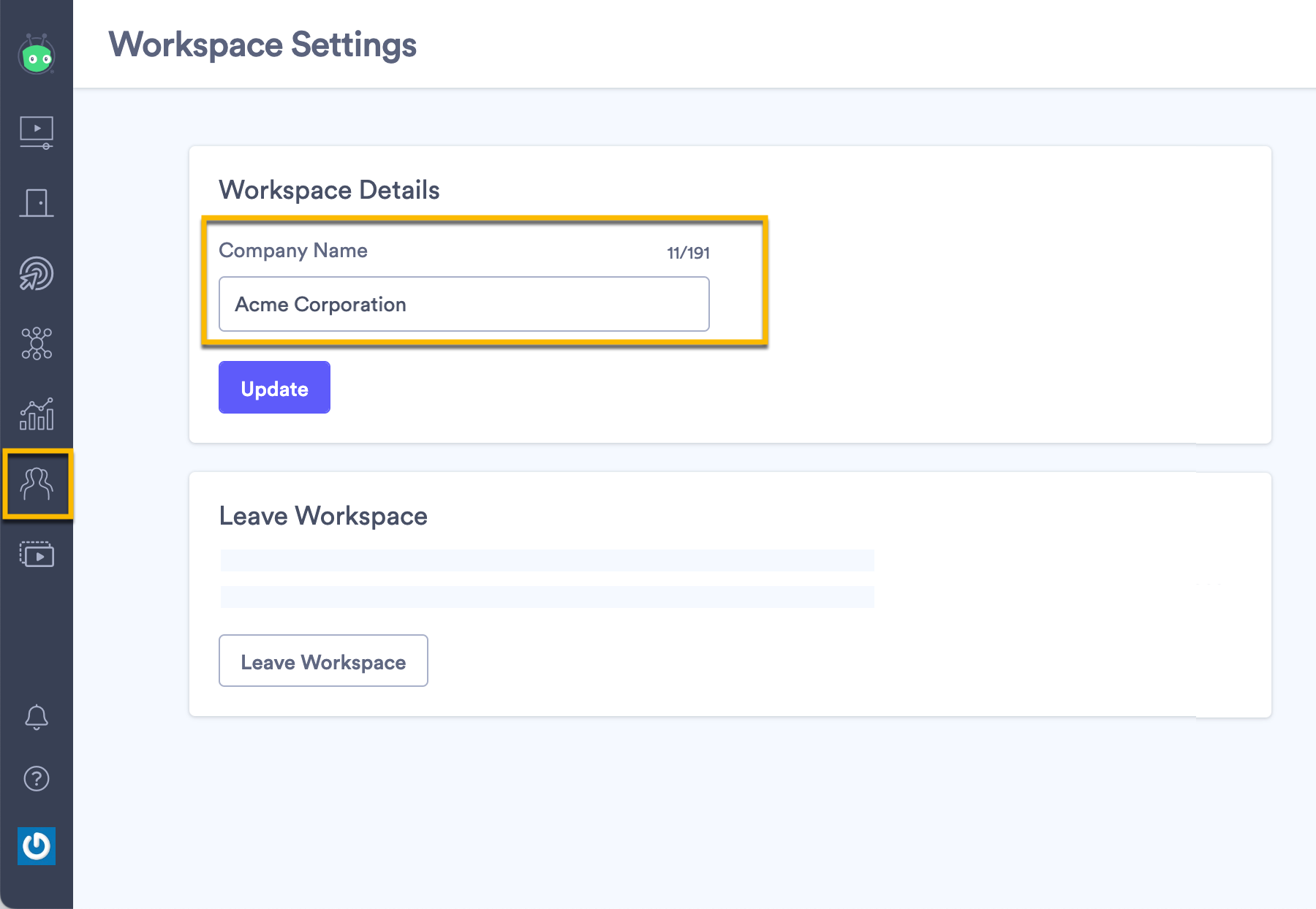 Opening the Workspace Settings page to change the company name of the workspace