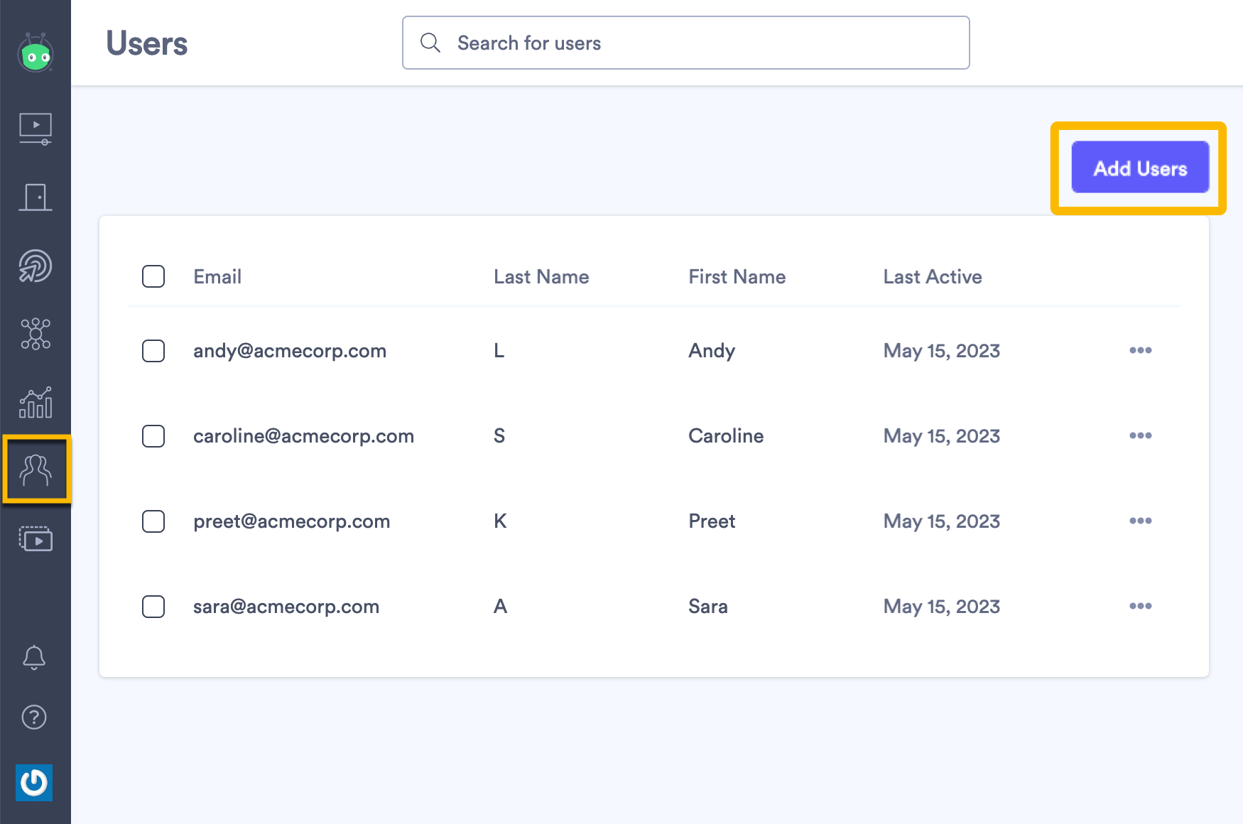 Selecting the Add Users butto on the Users page in your workspace