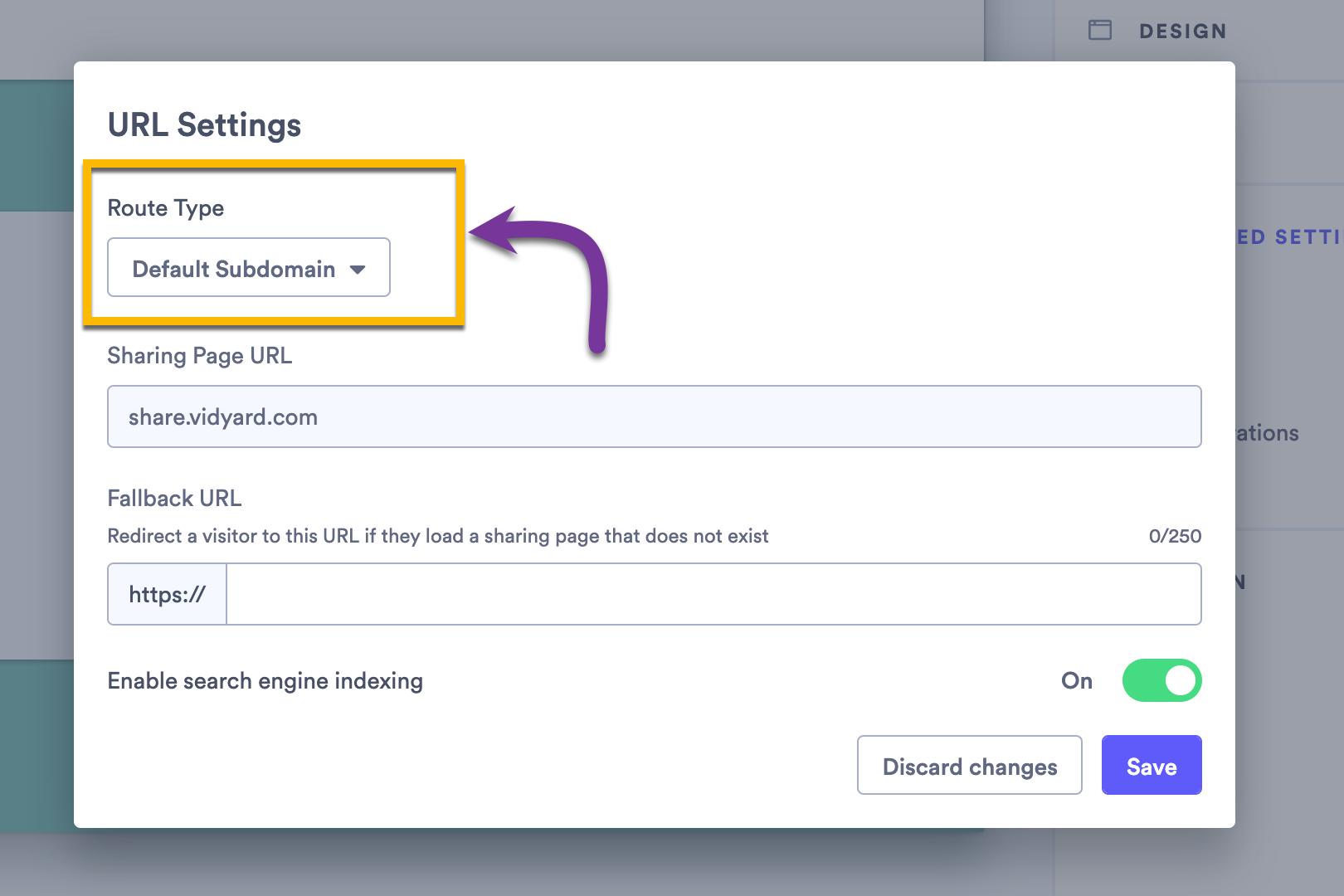 Changing route type for your sharing page or video hub in the URL Settings