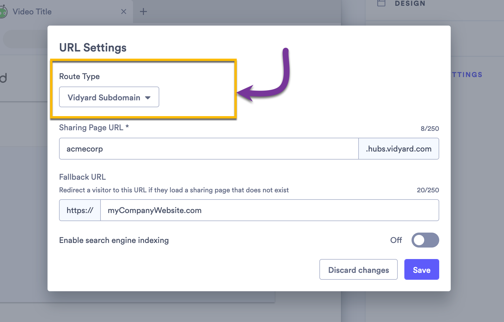 Changing the domain route type for the sharing page in its URL settings