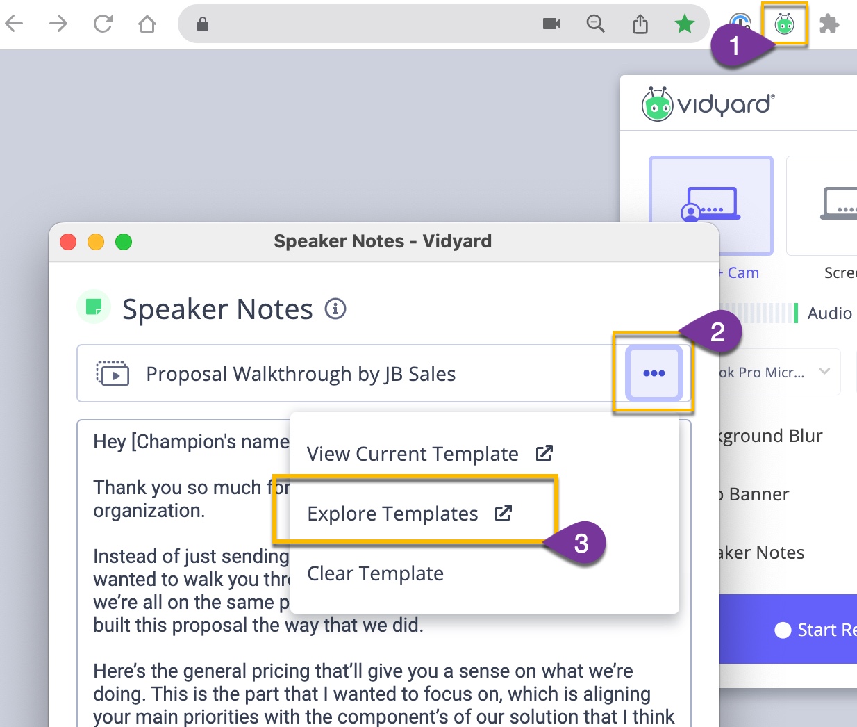 Template menu in speaker notes open and option to explore templates selected