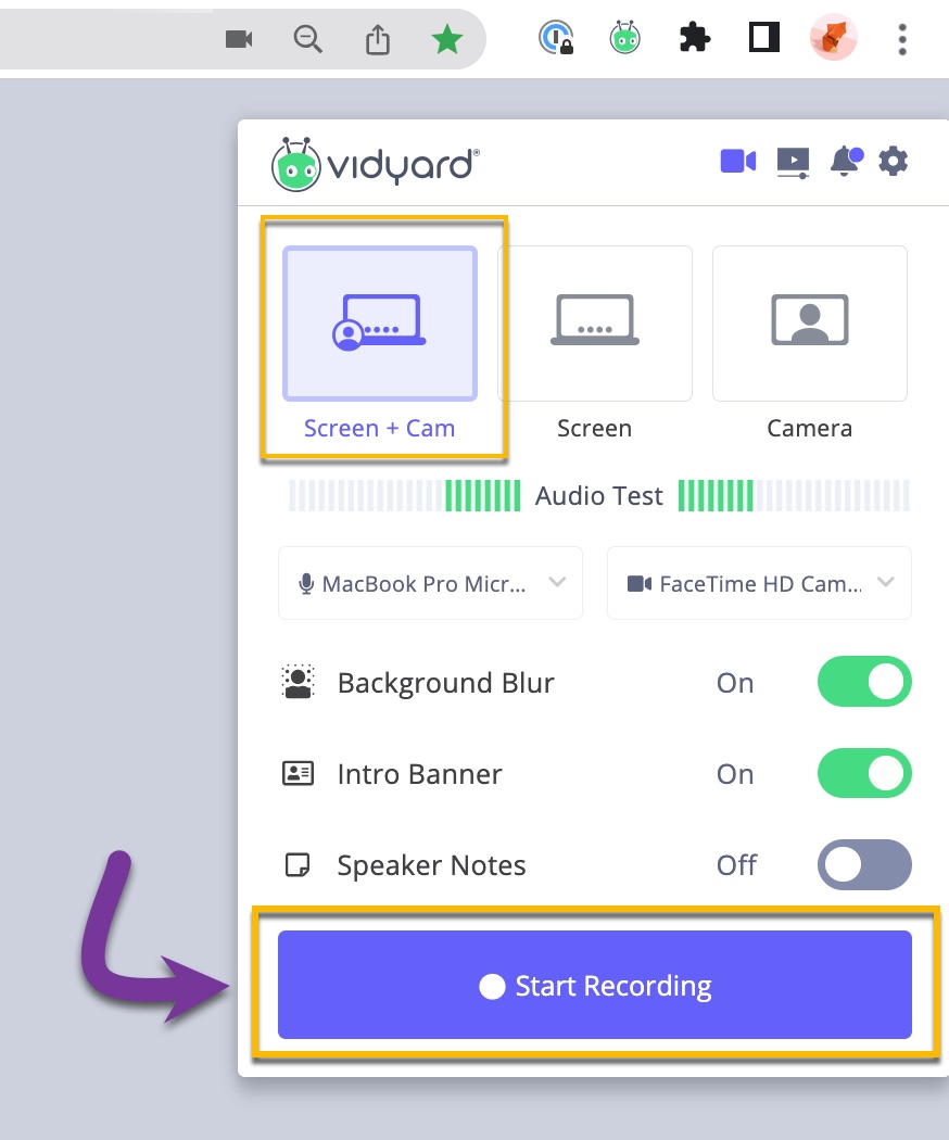 Using the controls to choose the type of video you want to recording, adjust your camera and microphone, then selecting Start Recording to begin