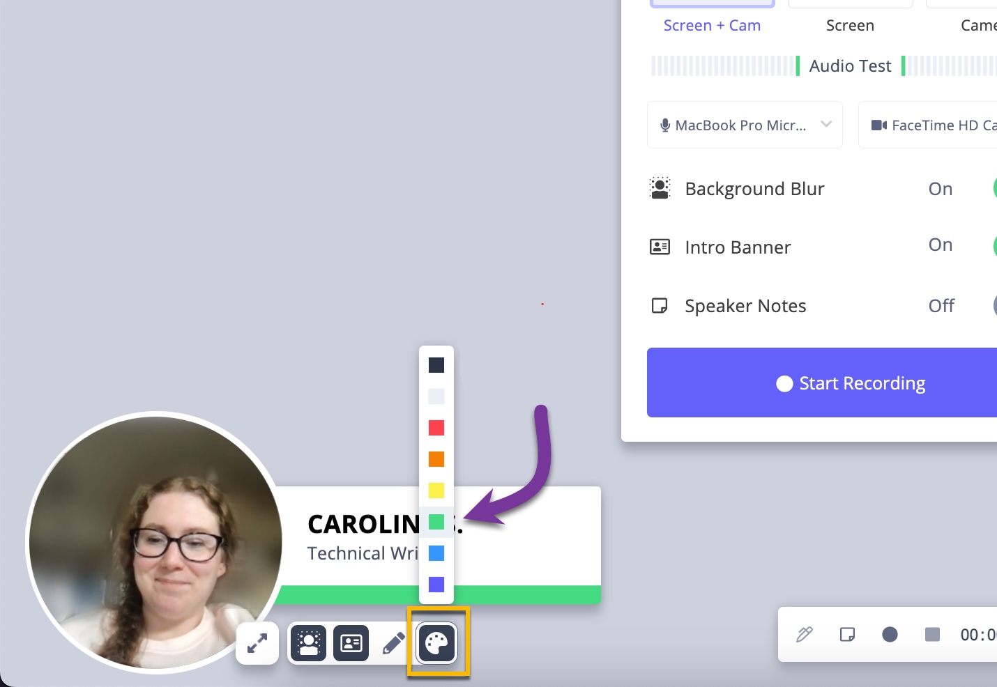 Color selector palette pressed in Vidyard intro banner settings, to the right of camera bubble