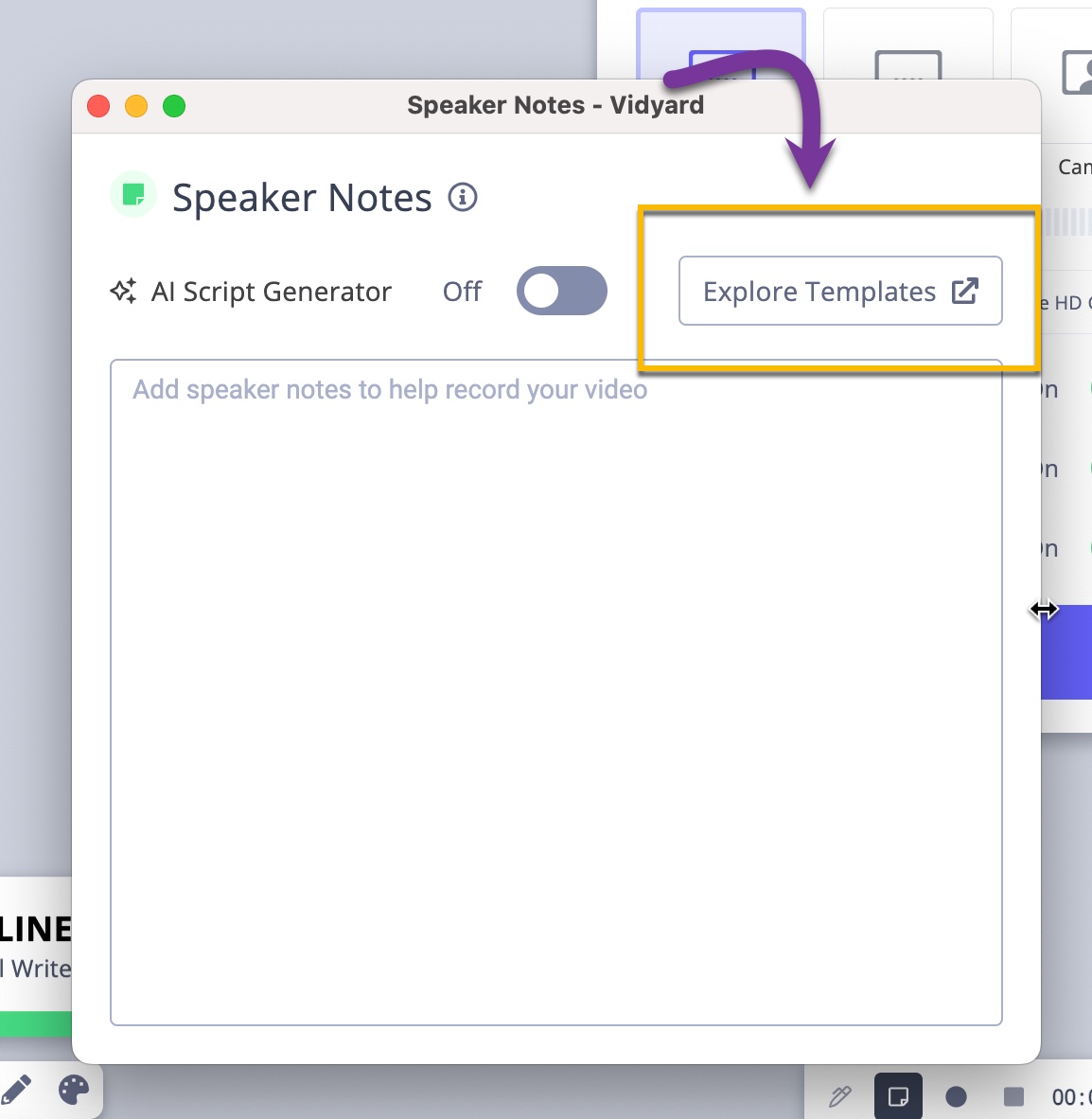 Screen recording speaker notes with option to explore templates highlighted