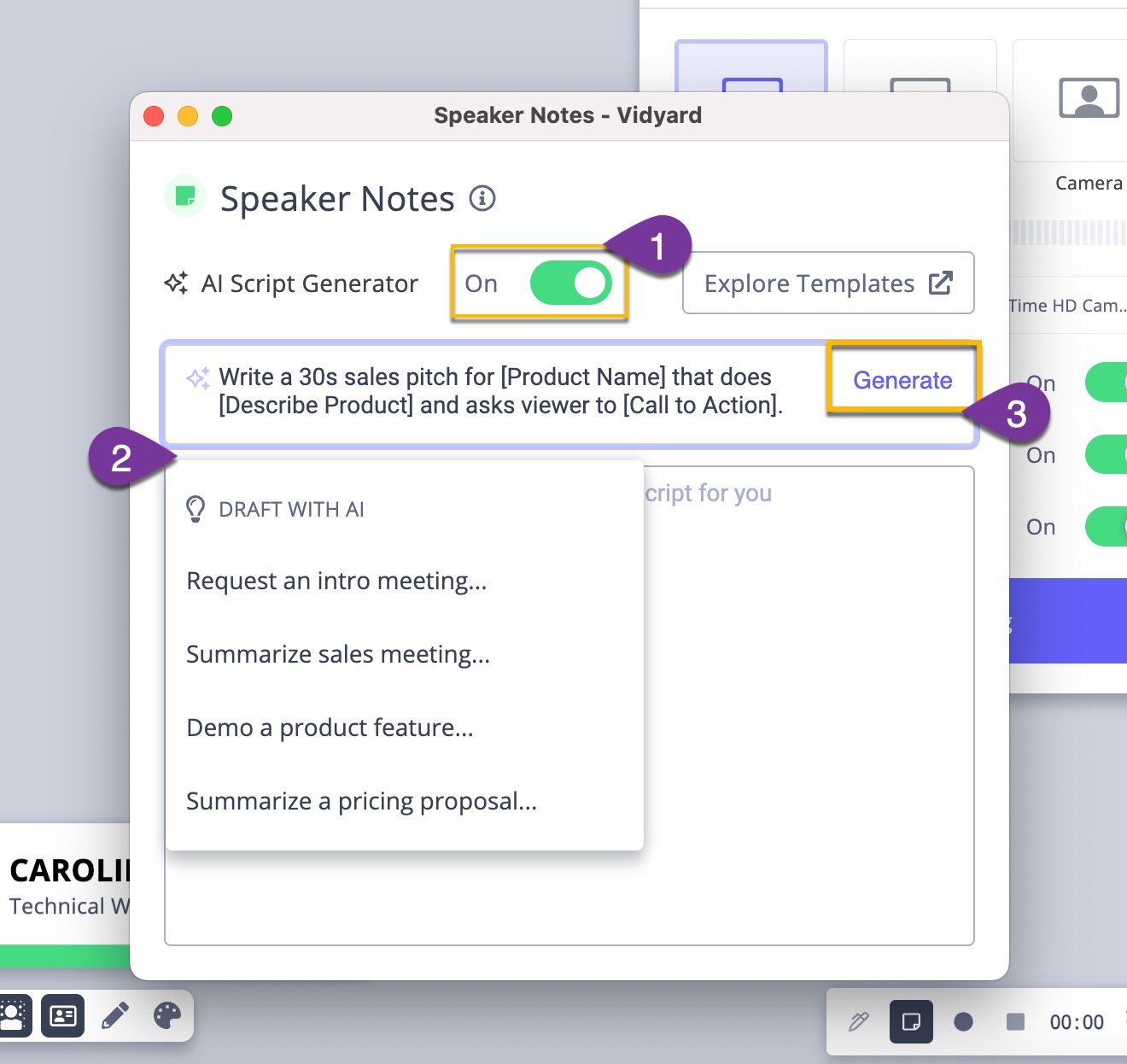 Speaker notes open with prompt available to be AI generated