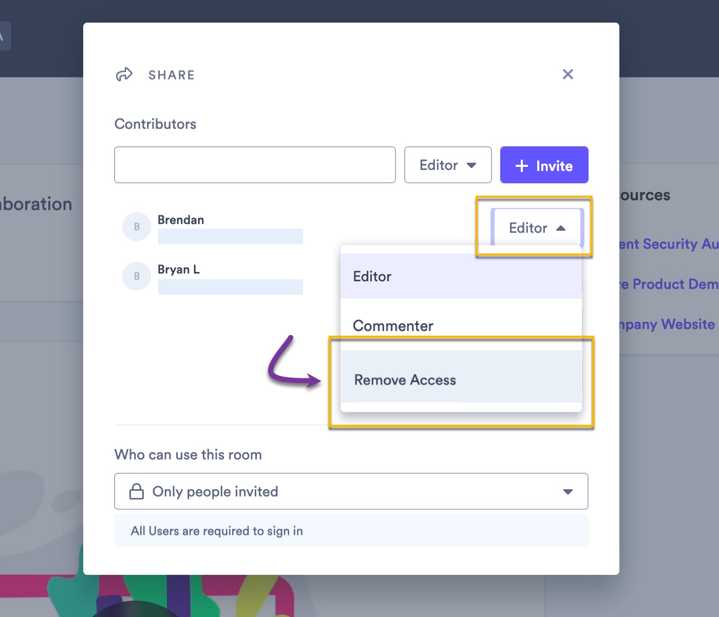 Remove a contributor's access to your Room from the sharing dropdown menu