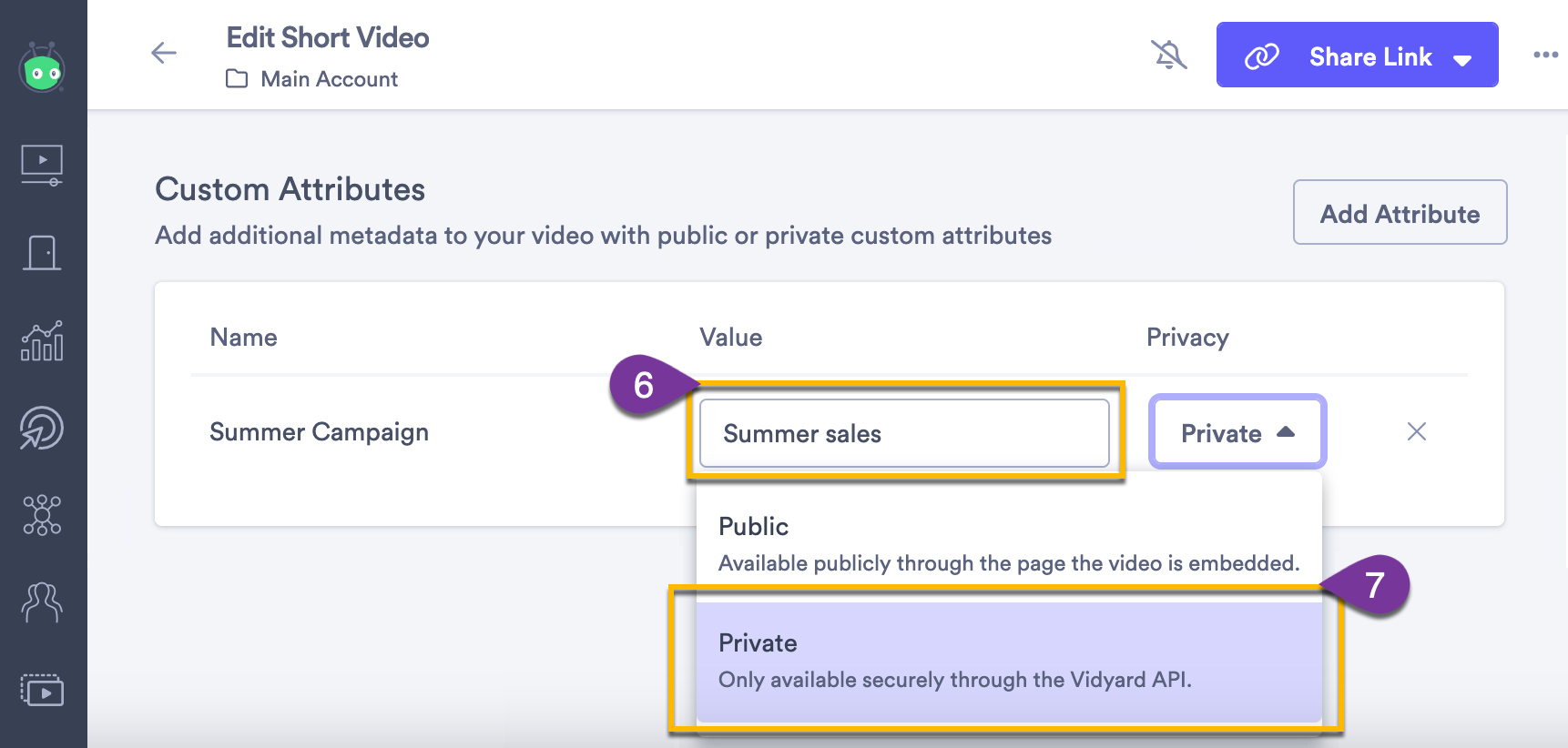 Entering a value for the custom attribute, as well as choosing a privacy level