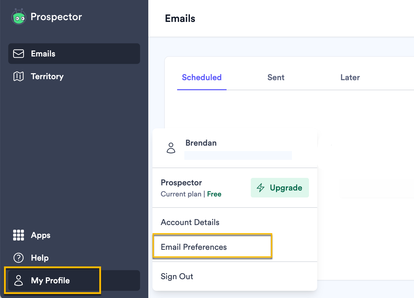 In Vidyard Prospector, selecting your profile to access your email preferences