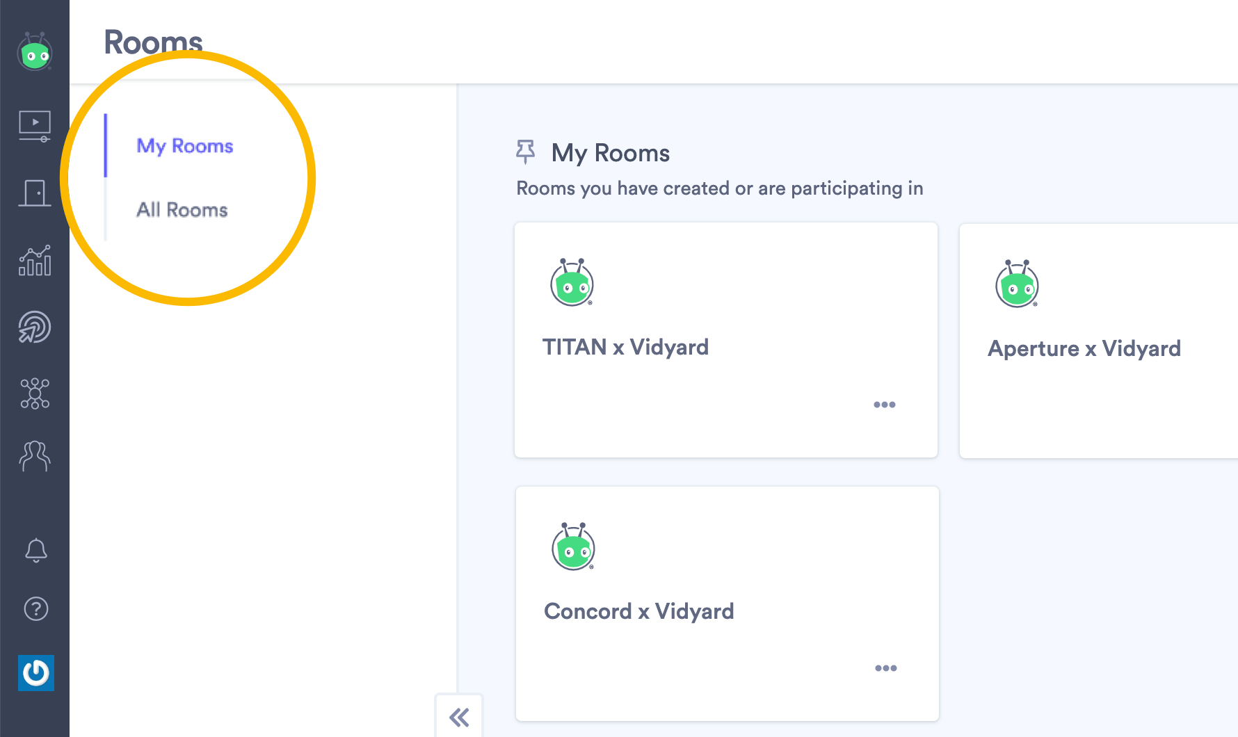 In your Rooms library, using the 'My Rooms' and 'All Rooms' filters to sort between your own and your colleagues' Rooms