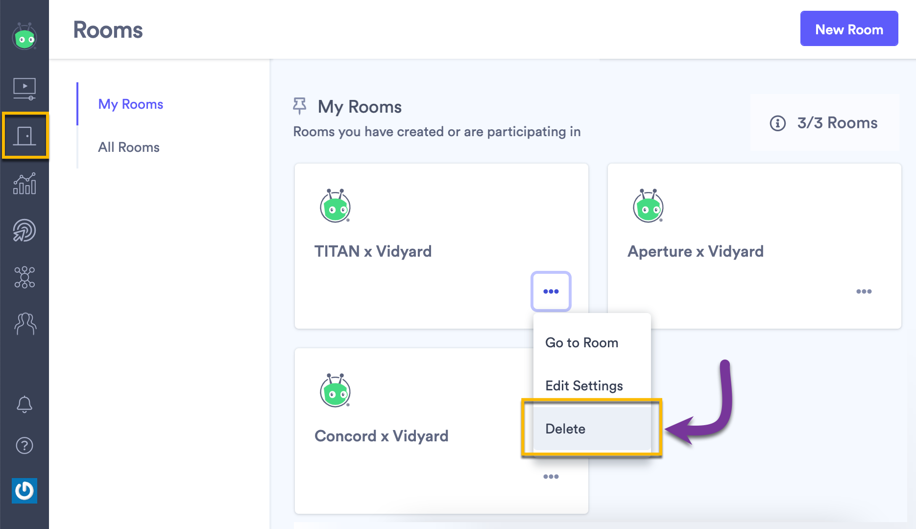 In your library, opening the menu next to a Room and selecting the Delete button