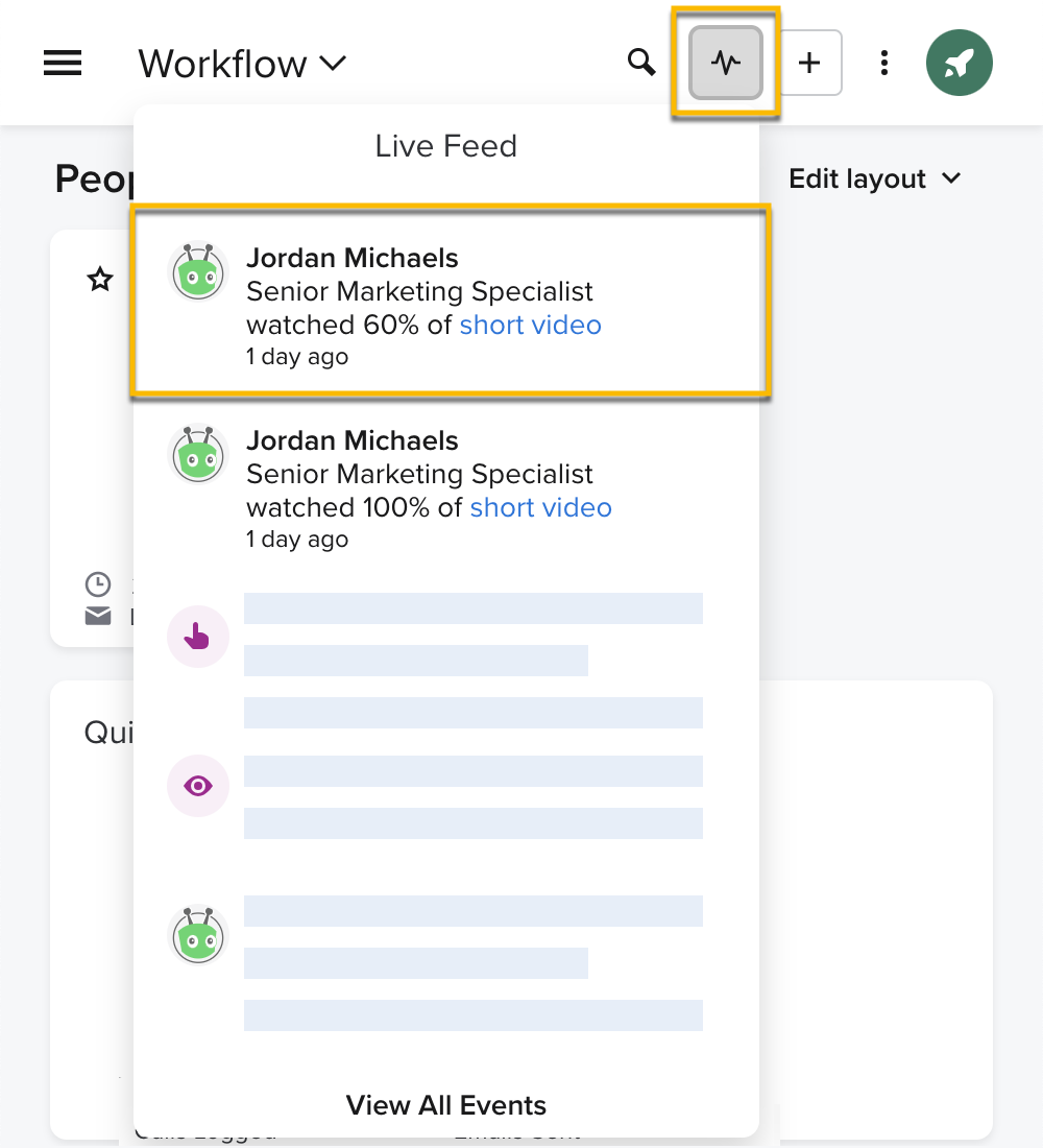 A video view notification in the Salesloft Live Feed