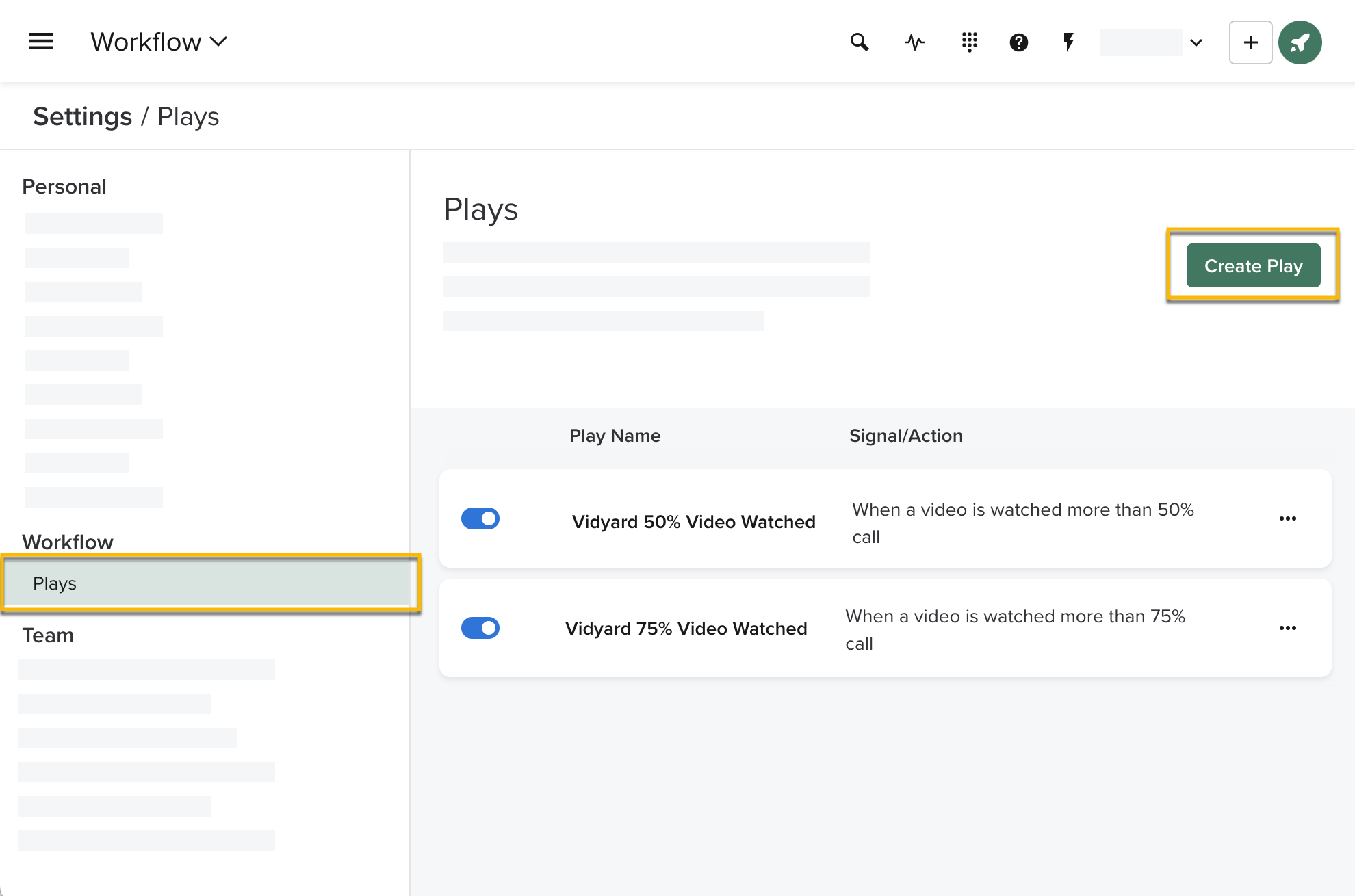 In the Settings for your Salesloft account, creating a new Play for Vidyard to automiatc new tasks for your sales teams based on video views