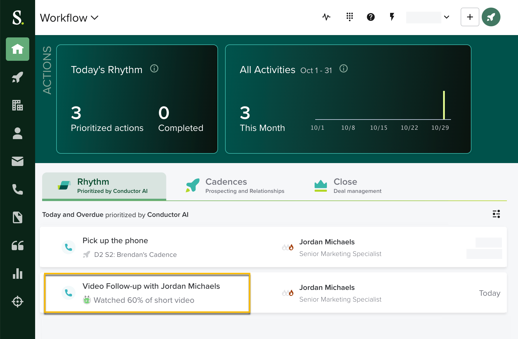 In the Rhythm workflow section on the Salesloft Dashboard, there is a new task that Salesloft has create and prioritized for a seller based on a contact's video view
