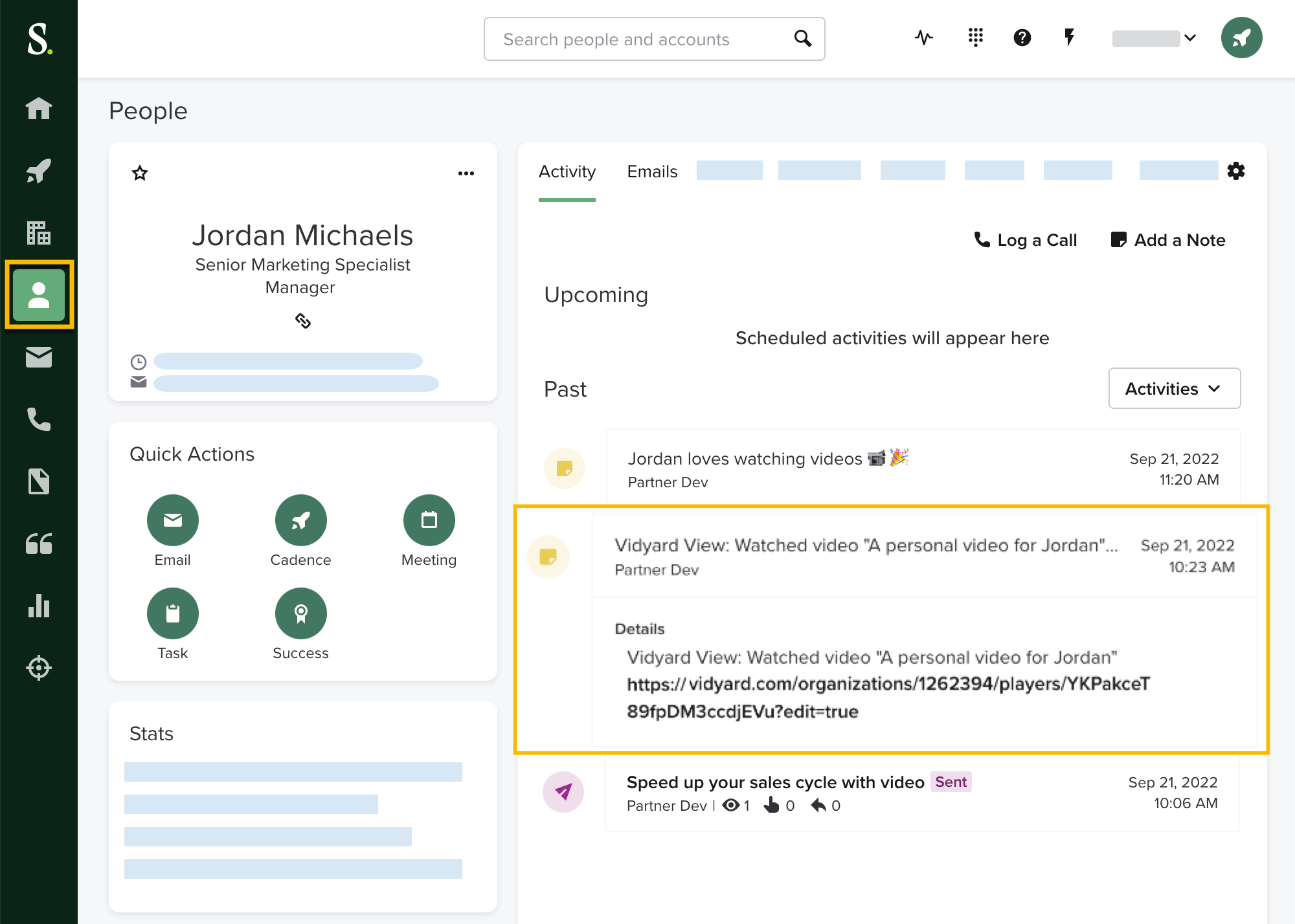 A video view notification in a person's activity record in Salesloft