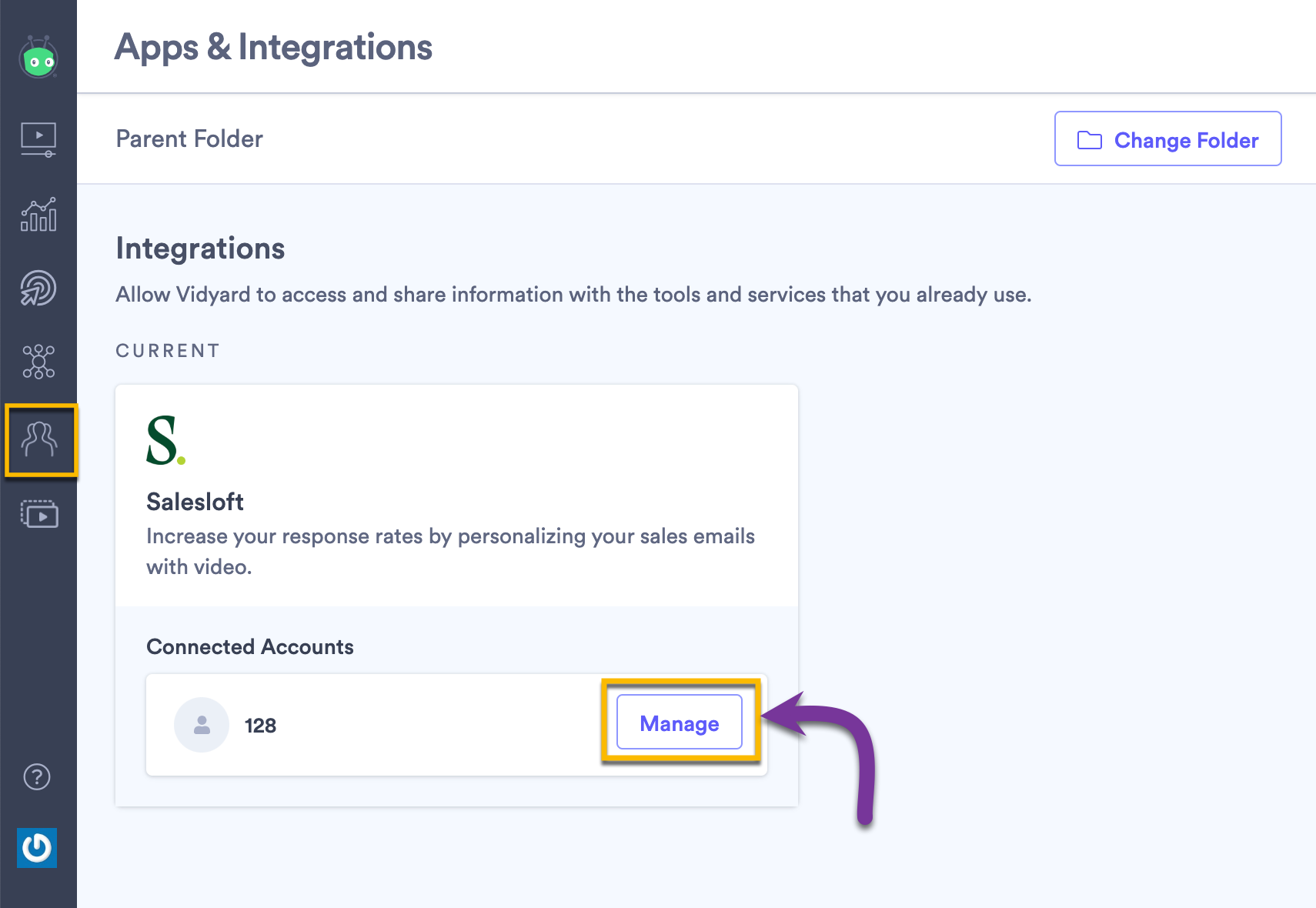 Selecting the Manage button next to Salesloft in Vidyard to delete the integration