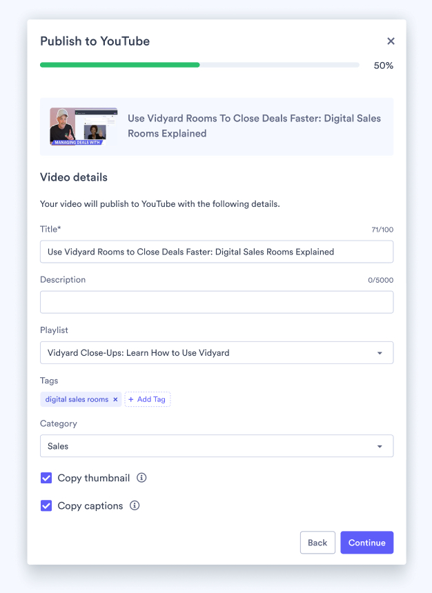 Screen to select what video details should be published to the video on YouTube