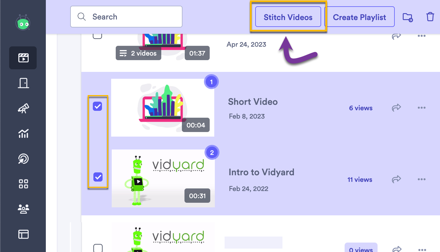 Choosing videos from your library to stitch together