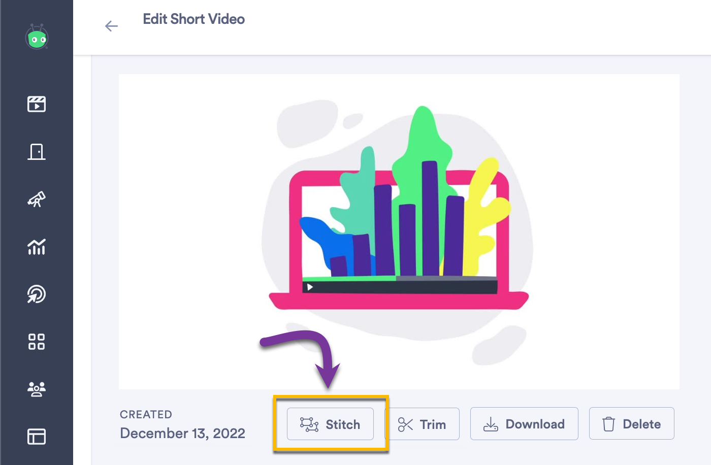 Stitch videos button on video's edit page underneath video preview